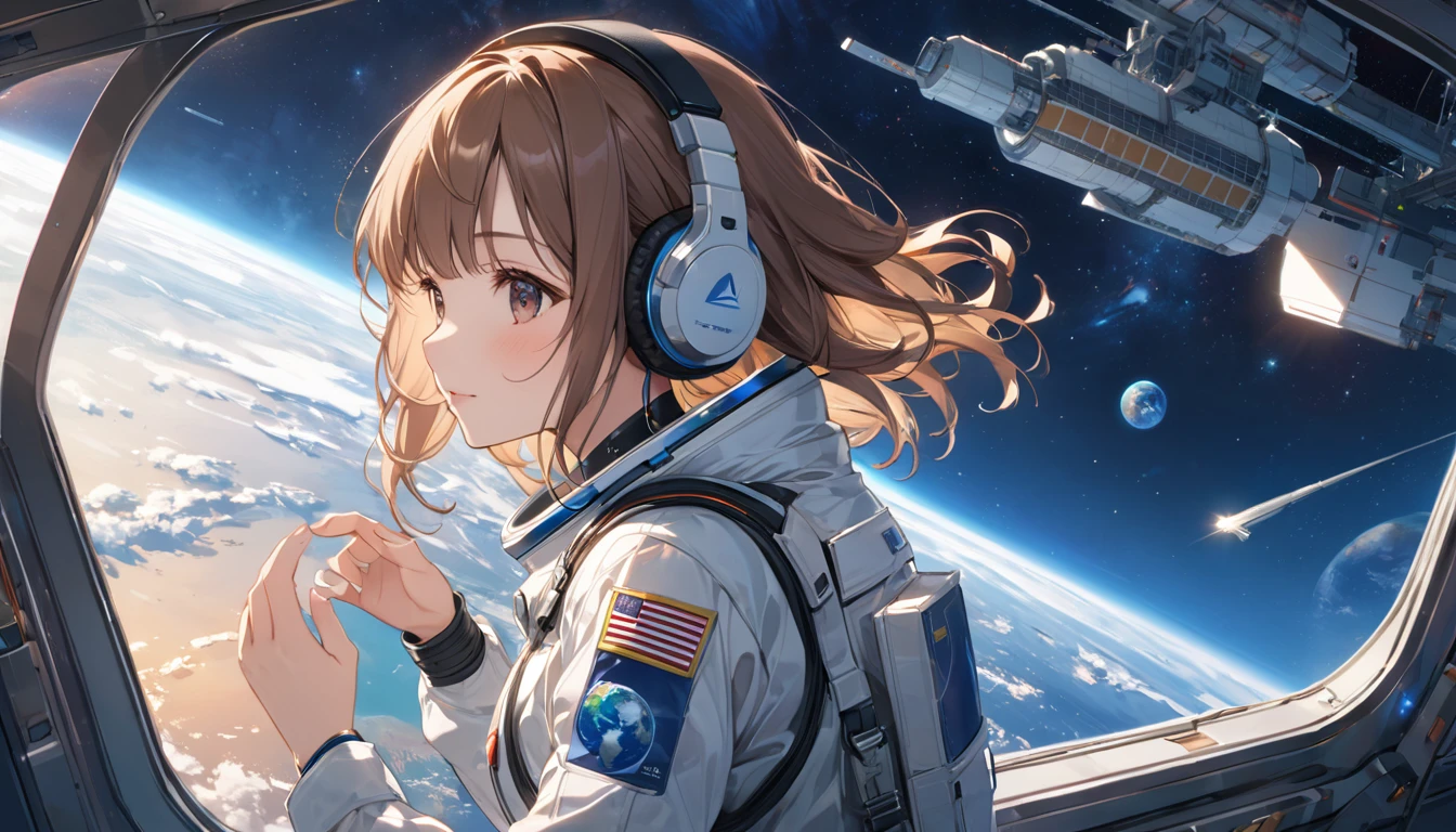 Brown-haired girl wearing headphones、Scene background of the Earth looking down from the space station window:Space station interior and earth view:Costume of a person gazing at the Earth with an emotional expression:Futuristic space suit pose:Standing by the window、Scenery looking down on the Earth:A quiet space station and a beautiful view of the Earth
(Detailed fingers), (Emotional), (Breathtakingly beautiful), (main part:1.2 Whole body), (Anime Style), (Very detailed), (超High resolution, High resolution), (8k), (Complex and beautiful: 1.2)