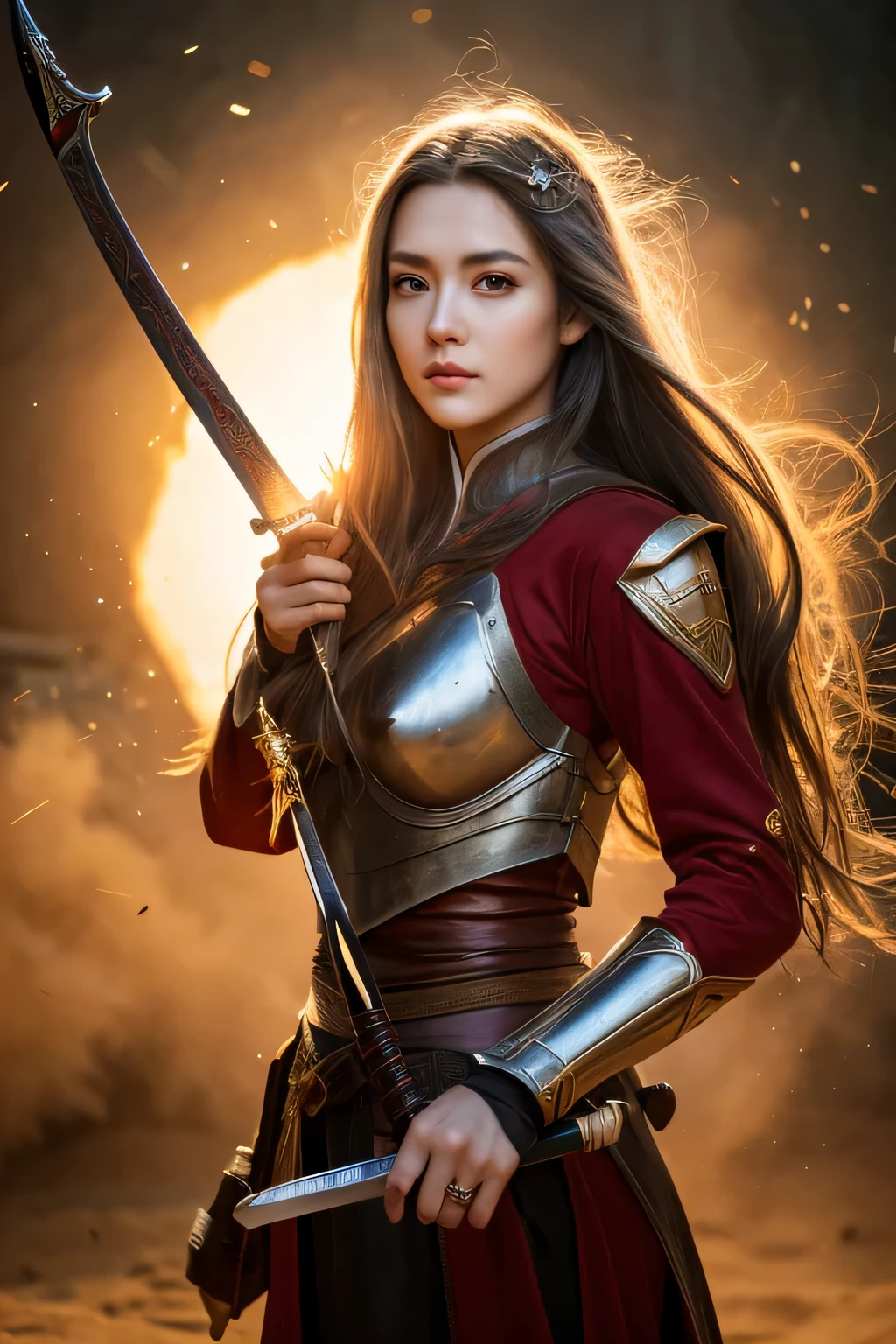 (best qualityer,high resolution,work of art:1.2),HDR,ultra detali,realisitic,fotorrealisitic:1.37, girl with long hair, Eyes red, standing alone, White Long Dress, irelia, gazing at viewer, white hair, bronya, lips, corner, Symmetrical eyes, medieval background, Chinese, ancient battlefield, Chinese female general, Holding a sword in his hand, serious expression, all-body, stunning facial features, red robe, armors, booties, Yellow sand flying in the sky, fire, Game model, Stunning lighting, OC rendering, Film rim light, exquisite lighting, ultra detaild, Epic creation, ultra HD, best qualityer, work of art, high qualiy, 8k