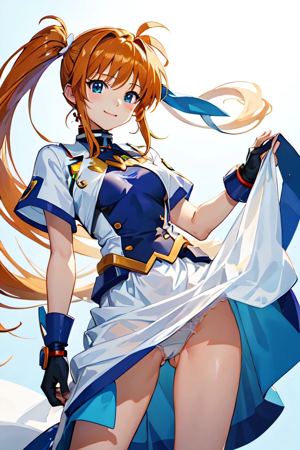 (4k),2d cel anime, {{takamachi nanoha, magical girl lyrical nanoha StrikerS}}, very aesthetic, best quality, realistic, intricate, overall detail, 1 girl, adult, standing, light smile, simple background, front view, cowboy shot, facing the front, straight-on, solo focus, depth of field, highly detailed,sexy skirt lift,(see through),white panties,