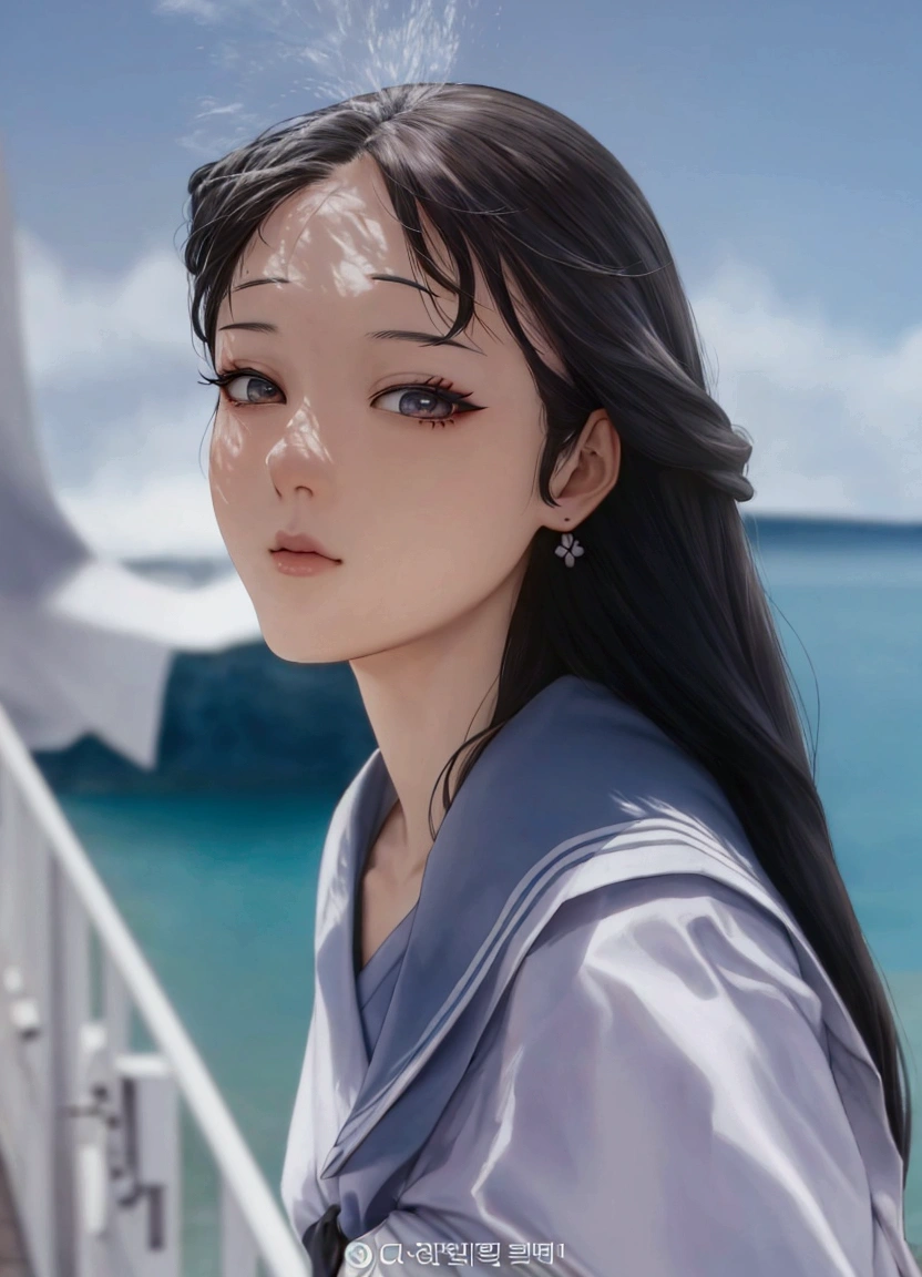 manga style, black and white, a close up of a woman with long hair standing near a body of water, jaeyeon nam, lee ji - eun, lee ji-eun, kim doyoung, heonhwa choe, sakimichan, taejune kim, kim hyun joo, jinyoung shin, jiyun chae, with cute - fine - face, hwang se - on, lineart