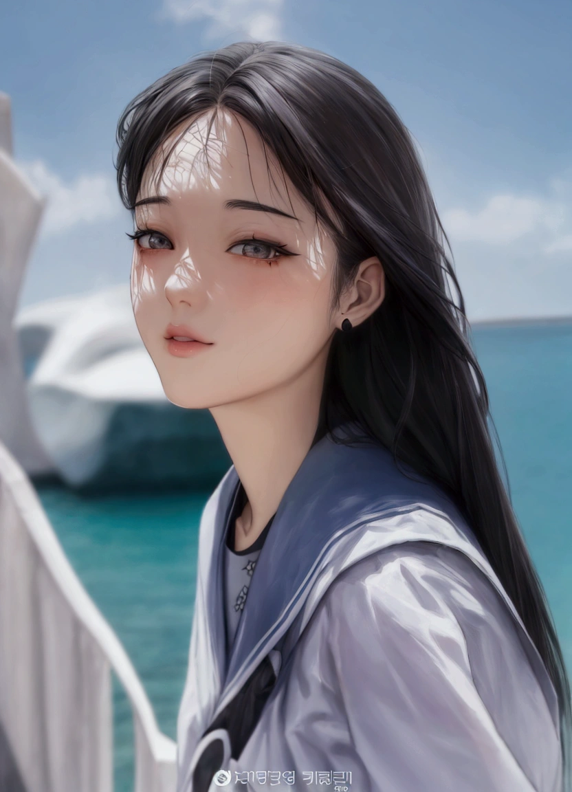 manga style, black and white, a close up of a woman with long hair standing near a body of water, jaeyeon nam, lee ji - eun, lee ji-eun, kim doyoung, heonhwa choe, sakimichan, taejune kim, kim hyun joo, jinyoung shin, jiyun chae, with cute - fine - face, hwang se - on, lineart