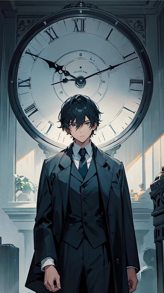 A man,There is a clock in the back