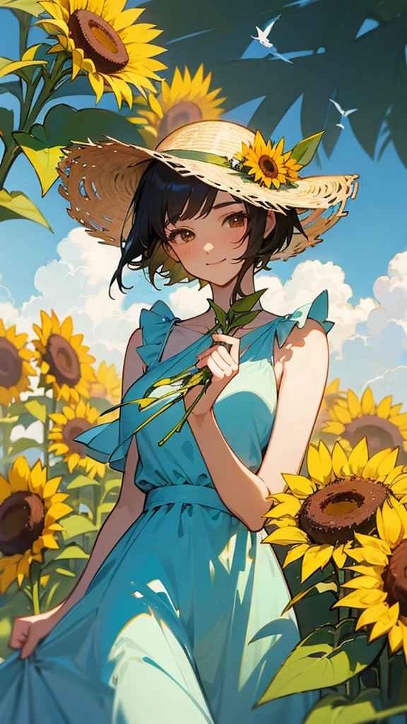  master piece, best quality, for below, cinematic angle, upper body , pigeon toed,  
Anime-style Moe illustration, summer vacation theme, 20-year-old 4womans holding a bouquet of sunflowers, short hair, 
Picnic Maxi Dress, slightly inner thighs, smile, accurate drawing, Active pose,