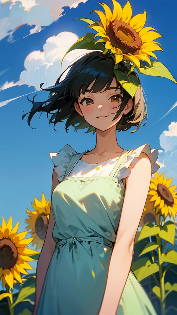 master piece, best quality, for below, cinematic angle, upper body , pigeon toed,
Anime-style Moe illustration, summer vacation theme, 20-year-old 4womans holding a bouquet of sunflowers, short hair,
Picnic Maxi Dress, slightly inner thighs, smile, accurate drawing, Active pose,