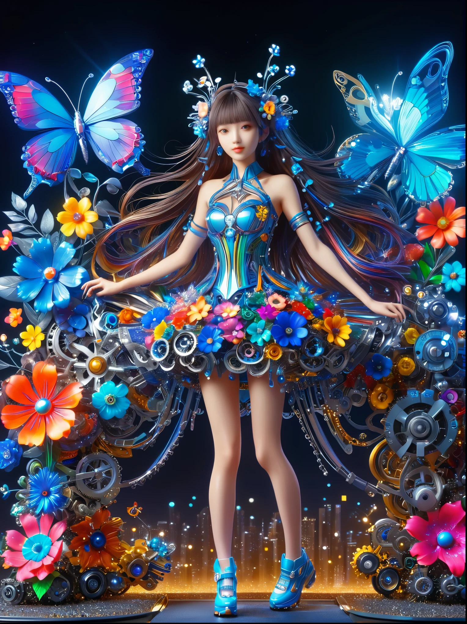 (3D,mechanical感,cute,ais-scrapyrd 1girl,mechanical),(使用广角镜头拍摄whole body图像:1.9),(masterpiece:1.1),(Highest quality:1.1),(HDR:1.0),Ambient Light,Ultra high quality,(Ultra-detailed original illustrations),(1 Girl,whole body),(Rainbow Skirt),(Slender thighs),(Shoes made of flowers: 1.5),((Harajuku Fashion)),((Flowers with human eyes,Eye disease)),Double Exposure,Fusion of Fluid Abstract Art,Fault,(Original illustration composition),(Limited color blending,Extreme art style,Geometric artstyle), , Colorful neon lights,高科技mechanical部件,Metal body,Detailed Vibranium Flower Design,Vibrant colors,Dynamic glowing flowers,Reflective metal surface,Bright environment,Dynamic poses,Exquisite existence,Skills Improvement,互锁mechanical齿轮,Stylish design,motion blur effect,Detailed metal treatment,Sci-fi atmosphere,Streamlined aerodynamic shape,Laser scanning pattern,Holographic projection,LED light track,Beautiful and unforgettable,Advanced sensors,Complex algorithms,Ominous and mysterious atmosphere,Electric Spark,Shiny chrome,Propulsion systems of the future,(Best quality,8k,high resolution,masterpiece:1.2),Super detailed,(whole body:1.8), magazine photography,一个cute的女孩形象,Popular on social platforms,((Dopamineism)),(((Dopamine color matching))),Dopamine,(in the style of Y2K),Luo Erchun,3D古风,Oriental poetry and painting