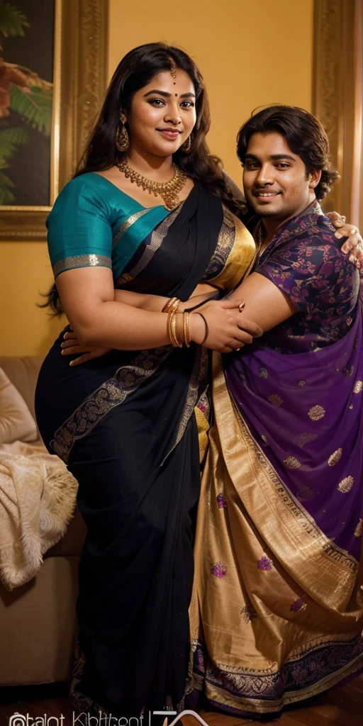 A radiant, full-figured South Indian 25 year old woman wearing a black saree tenderly hugging  a jubilant 25-year-old man while in living room, captured in a full-body image with vibrant hues and meticulous details. Belly button visible . Full body image