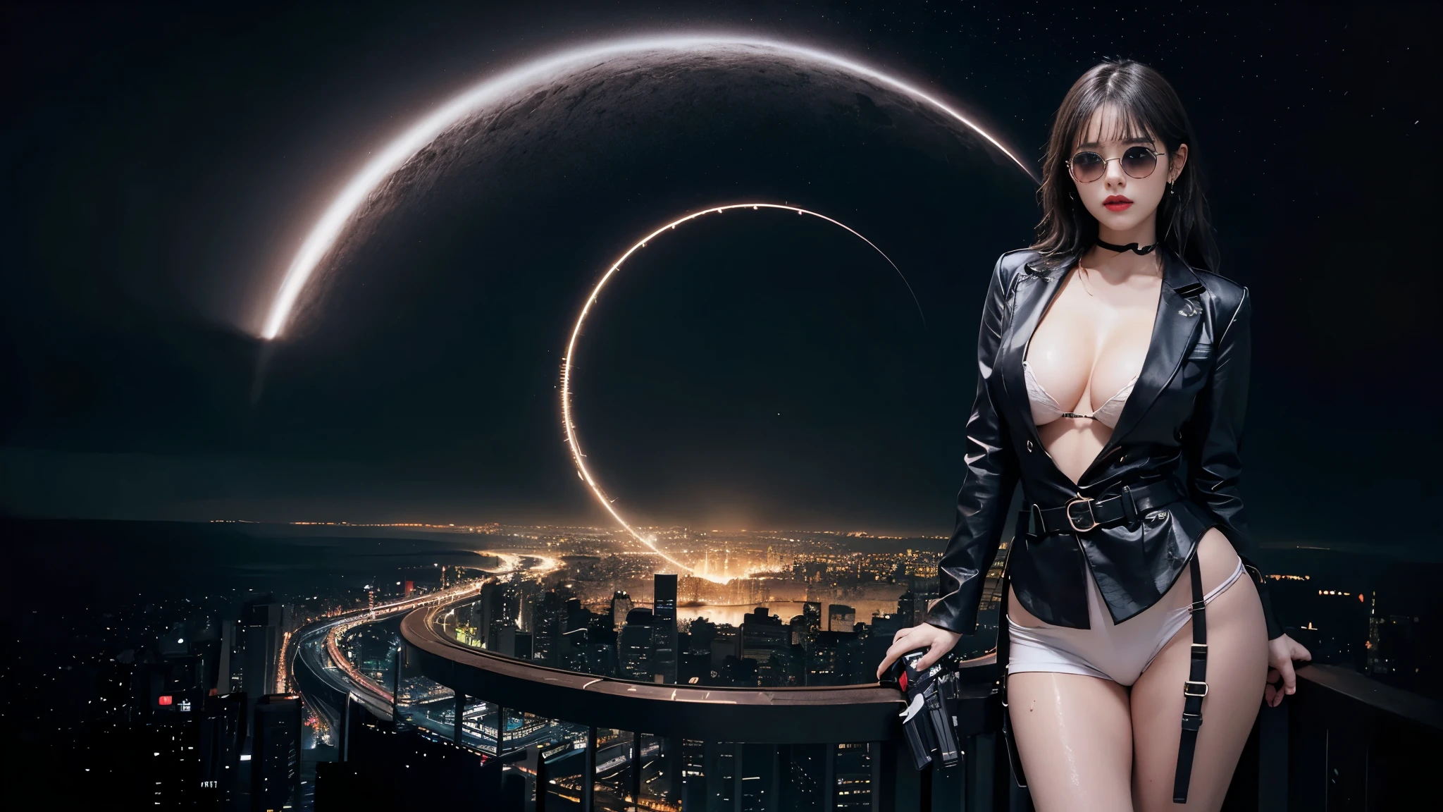 Raw photography, 4K, ​masterpiece, hight resolution, very intricate, Photorealsitic:1.4, Cinematic Lighting, at night, (1Girl, solo), solofocus, Wet, full body Esbian, large breasts cleavage:1.2, Slim waist, ​masterpiece:1.2, Hair disheveled, aerial view of cyberpunk city, Expressive Hues, Vibrant Palette, (matrix style micro sunglasses), ((aiming with a short:1.1 gun)).