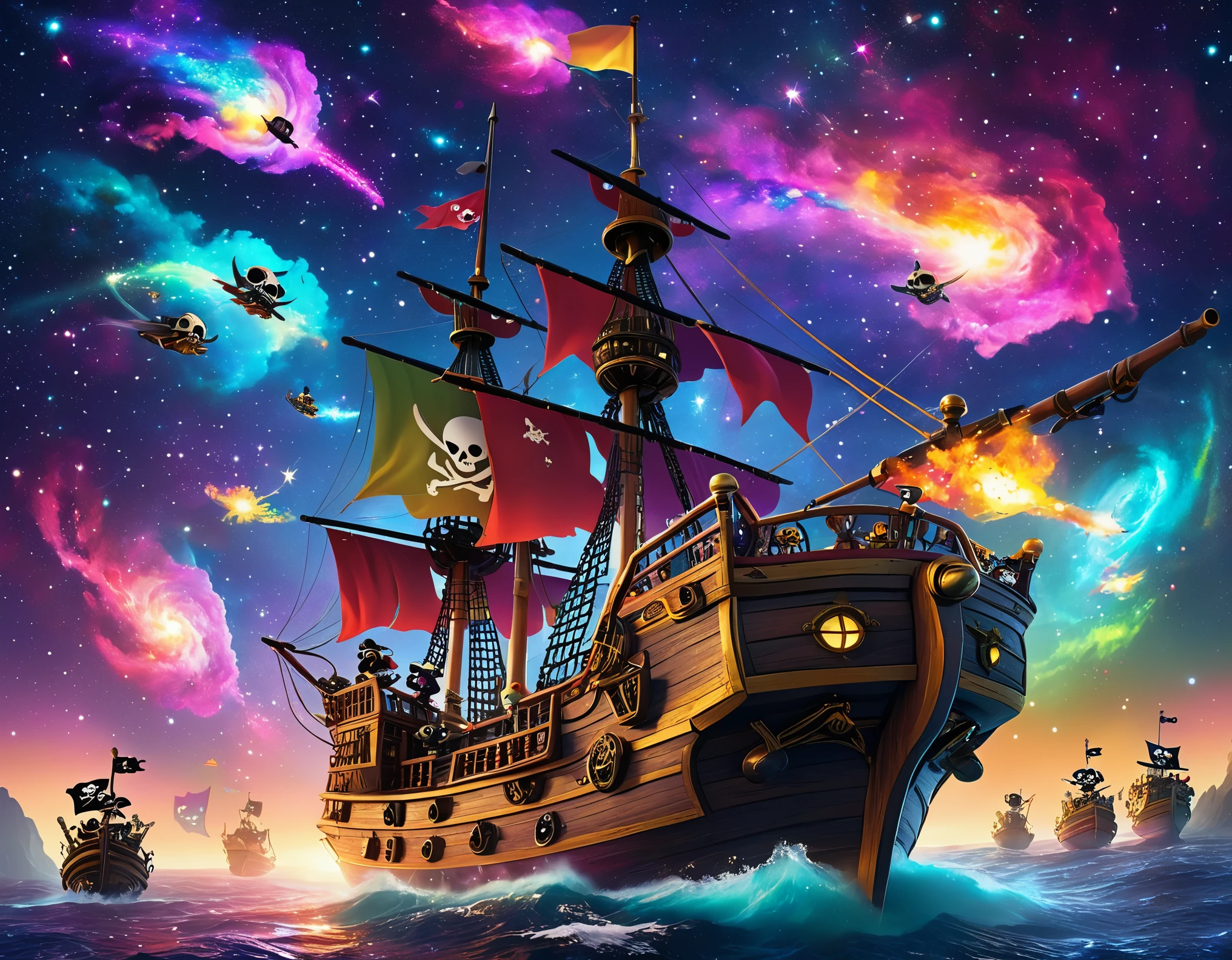 A lively battle between two adorable pirate factions, each riding on their tiny, makeshift spaceships made from scrap parts and wooden planks. The pirates, who are a mix of cute, cartoonish animals like bunnies and kittens, wield miniature blasters and plushy cutlasses. They dart around an asteroid belt, using the floating rocks as cover, while the starry expanse of the galaxy glows brightly in the background. The scene is filled with playful chaos, as the pirates shout cartoonish battle cries and launch glittering confetti bombs at each other.
