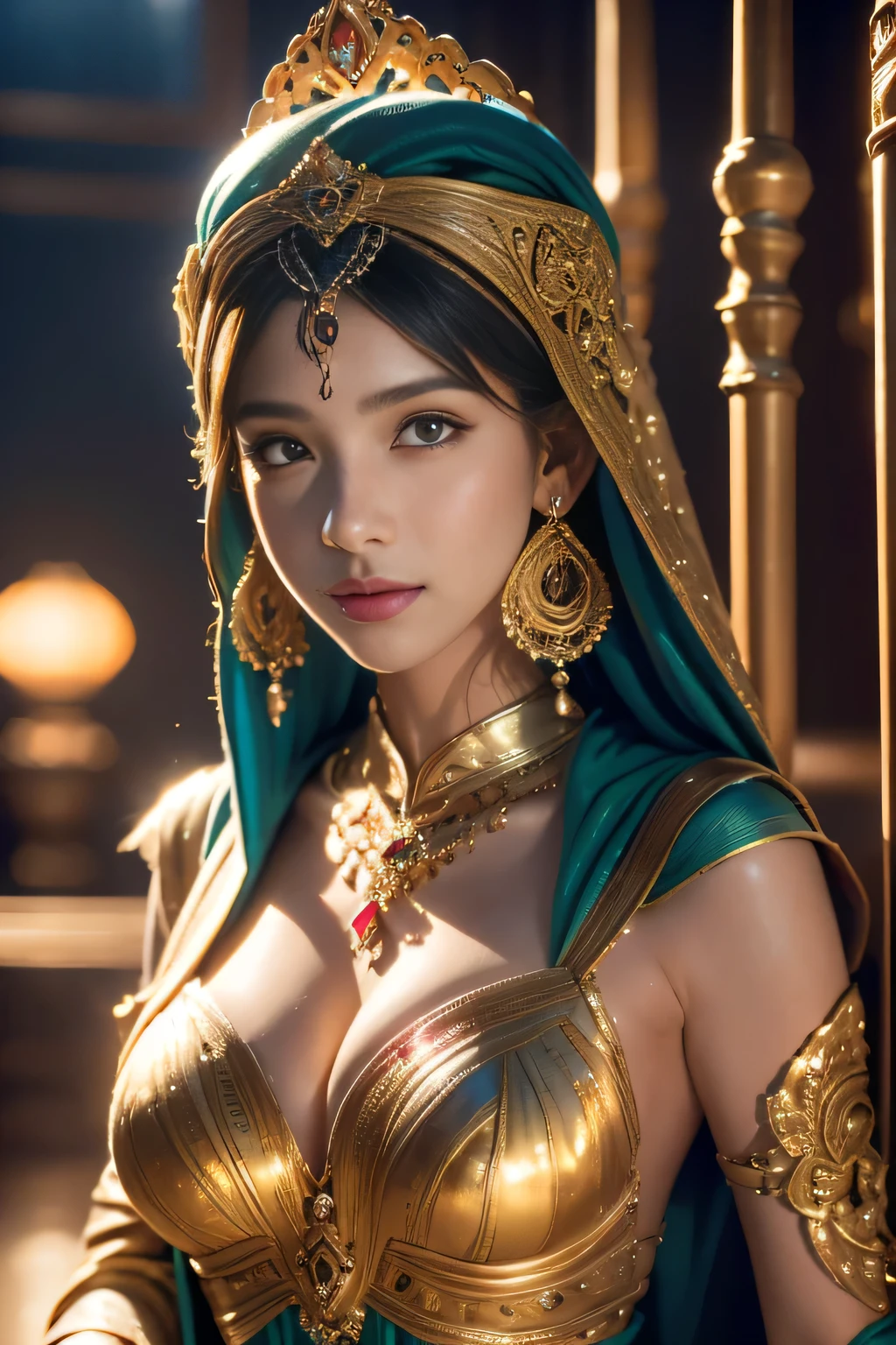 Close-up of a young girl,she wears a hijab with beautiful decorations,A long dress, very shiny skin, ssmile, eyes large, subtle makeup, Fantasyart, digitl art, she looks full body, delicate lines and texturas,realistic and rich art, detailed face and eyes,blurred night city background,Surrealism,cinematic,Rough shadows,bright coloured,rich colors,Light and Shade,Three-dimensional lighting,Combination of various colors and shades,volumetric lighting,Film light,dynamic lighting,good anatomy,details Intricate,highly details.,broken glass effect,no back ground,splendid,something that doesn't even exist,be mythical,energy,molecular,texturas,Iridescent and luminescent scales,breathtaking beauty,pure perfection,Divine Presence,unforgettable,impressive,breathtaking beauty,Volumetric Light,auras,lightning strikes,bright coloured reflects,