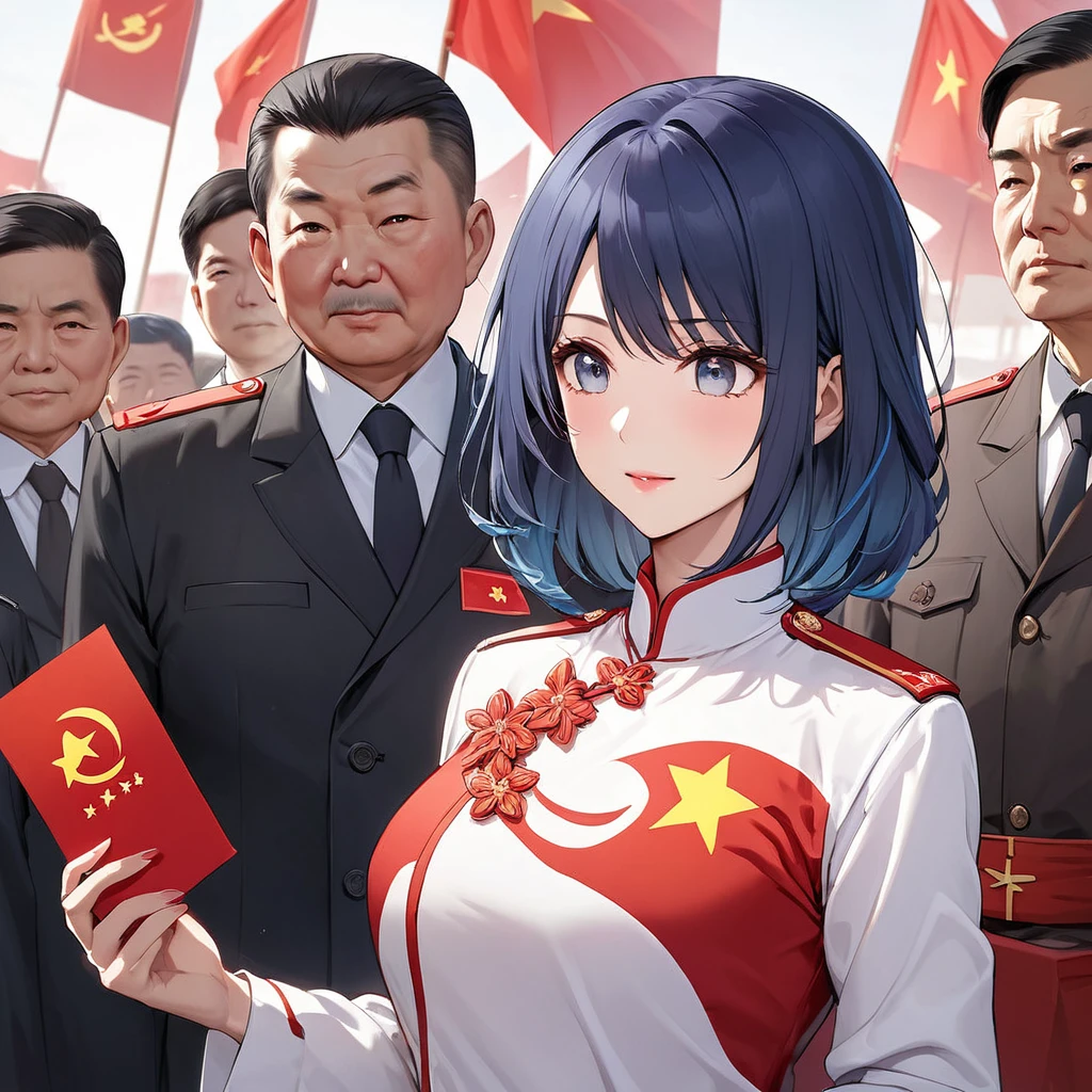 ((Highest quality)), ((masterpiece)), (detailed), (Perfect Face)、The woman is Chinese, Akane Kurokawa, a Chinese woman with medium-long blue hair who is wearing an engagement ring. She has become a member of the glorious Chinese Communist Party and has sworn absolute loyalty to the party. She is a righteous Communist Party member of the ruling China and the wife of a great Communist Party official.、The woman is wearing the fine uniform of a Chinese Communist Party member.、For the sake of China, their hairstyles, clothes, and everything they wear are all Chinese Communist Party items, and their thoughts are also Chinese, becoming great Chinese in body and mind.、The woman became Akane Kurokawa, a Chinese woman who is proud of China, loves it and devotes herself to it.、She is serving China as a member of the great Communist Party of China.、The woman is a beautiful, respectable and exemplary Communist Party member.