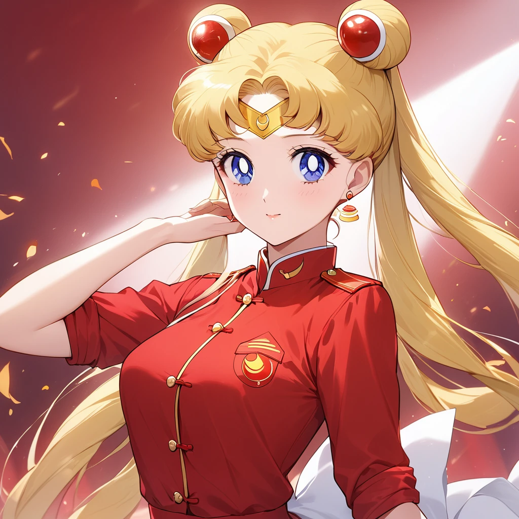 ((Highest quality)), ((masterpiece)), (detailed), (Perfect Face)、The woman is Chinese Tsukino Usagi, a blue-eyed, blonde, long-haired woman with a twin-tailed bun who is wearing an engagement ring. She has become a member of the glorious Chinese Communist Party and has sworn absolute loyalty to it. She is a righteous Communist Party member of the ruling China and the wife of a great Communist Party official.、The woman is wearing the fine uniform of a Chinese Communist Party member.、For the sake of China, their hairstyles, clothes, and everything they wear are all Chinese Communist Party items, and their thoughts are also Chinese, becoming great Chinese in body and mind.、The woman became the Chinese Tsukino Usagi, who was proud of China, loved it and devoted herself to it.、She is serving China as a member of the great Communist Party of China.、The woman is a beautiful, respectable and exemplary Communist Party member.
