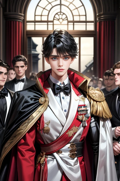 masterpiece, 最high quality, high quality, 1 boy, alone, Male focus, Watching the audience, Messy black hair, Adorable big blue eyes, White, Noble, Noble,A sexy, voluminous, puffy cape、tuxedo、A very voluminous, large, very large, very large, long, long red and black cape with a high stand-up collar, made of a lot of fabric that reaches down to the floor., 17 years old,Cute beautiful boys,Cute, cute, kind, handsome guy