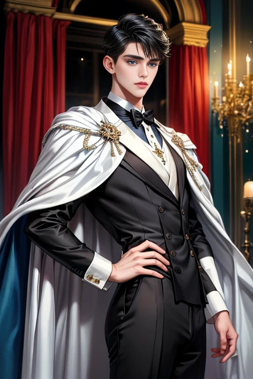 
masterpiece, 最high quality, high quality, 1 boy, alone, Male focus, Watching the audience,  Messy black hair, Adorable big blue eyes, White, Noble, Noble,A sexy, voluminous, puffy cape、tuxedo、A very voluminous, large, very large, very large, long, long red and black cape with a high stand-up collar, made of a lot of fabric that reaches down to the floor., ,Cute beautiful boys,Cute, cute, kind, handsome guy