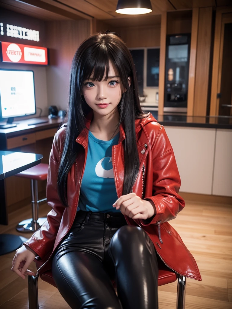 Best Quality,8k,middle School girls,Red Leather Jacket,I'm grating my bangs,Straight Hair,perfectionにまっすぐな髪型,Smooth hair,colorful hair colors,blue eyes,Flashy hair,Cyberpunk Girl,Naughty Girls,model,Absurd,Wearing leather pants,Horny girl,Naughty Girls,masterpiece,perfection,hoodie,smile,Long Hair,Sitting in a chair,