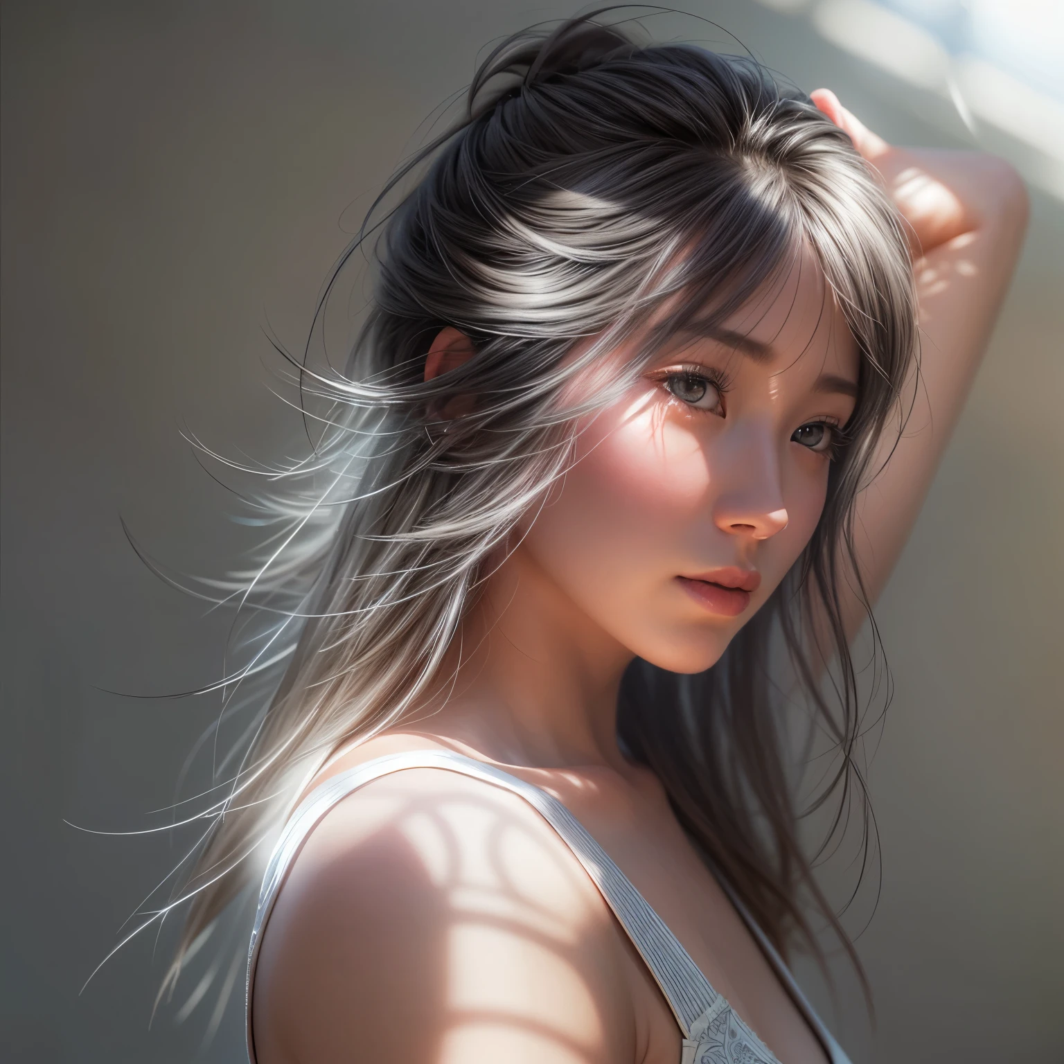 (((Misako Renbutsu)))Beautiful Young Female with (Silver Fox Tail), extremely delicate and beautiful,Outstanding light and shadow,Clear and bright sunlight, Professional portrait (Face Closeup from below), Semi-nude photography, ((backlighting, beltbra)), {(Tyndall effect)|lens flare|Shade|bloom|[chromatic aberration]} (Light particles), TopQuality Masterpiece of 8K Ultra-detailed DigitalPainting (by Jeremy Lipking)  