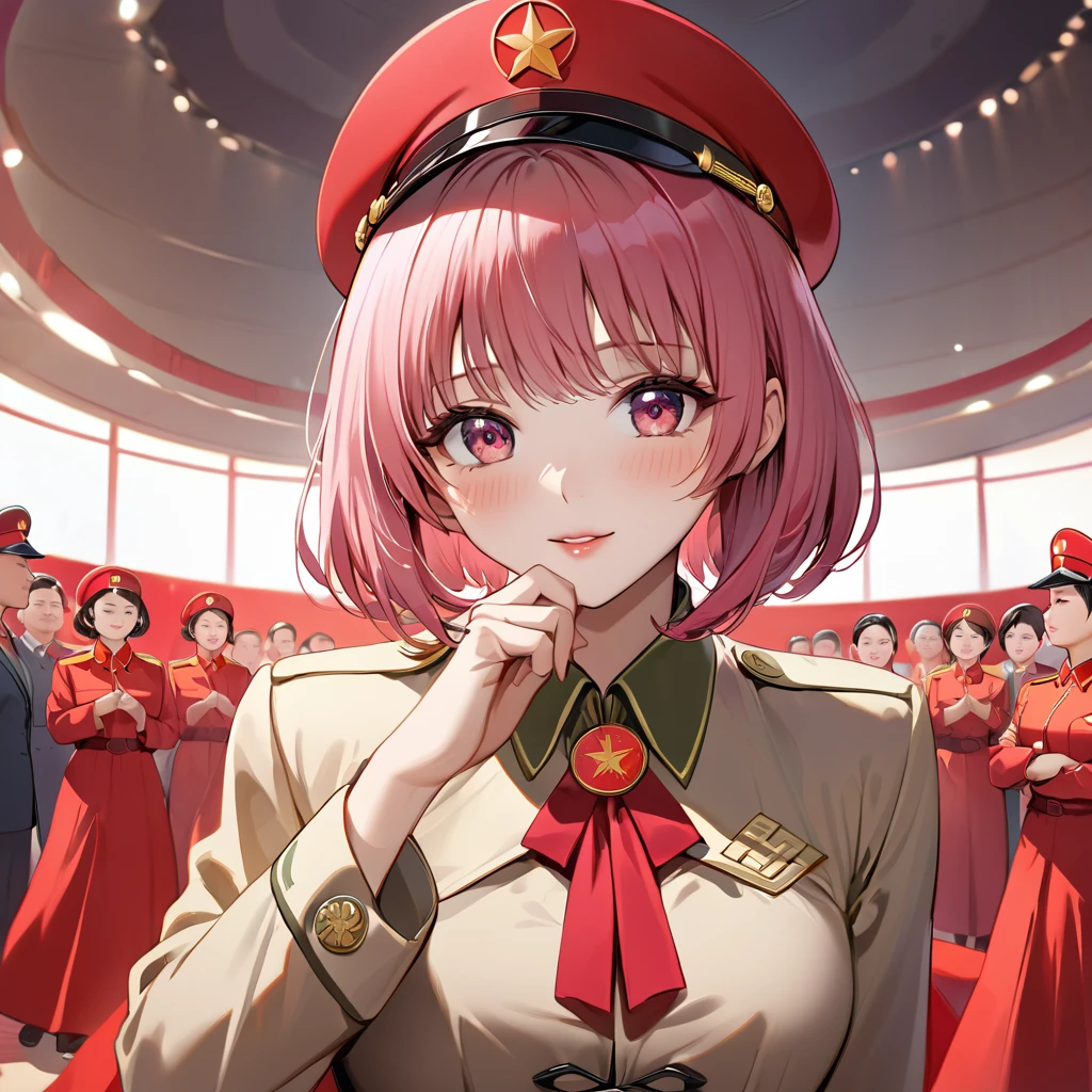 ((Highest quality)), ((masterpiece)), (detailed), (Perfect Face)、The woman is Chinese Momo Beria Deviluke, a Chinese woman with pink short bob hair and an engagement ring. She is a member of the glorious Chinese Communist Party and has sworn absolute loyalty to the Chinese Communist Party. She is a righteous Communist Party member of the ruling China and the wife of a great Communist Party official.、The woman is wearing the fine uniform of a Chinese Communist Party member.、For the sake of China, their hairstyles, clothes, and everything they wear are all Chinese Communist Party items, and their thoughts are also Chinese, becoming great Chinese in body and mind.、The woman became Momo Belia Deviluke, a Chinese woman who was proud of and loved China.、She is serving China as a member of the great Communist Party of China.、The woman is a beautiful, respectable and exemplary Communist Party member.