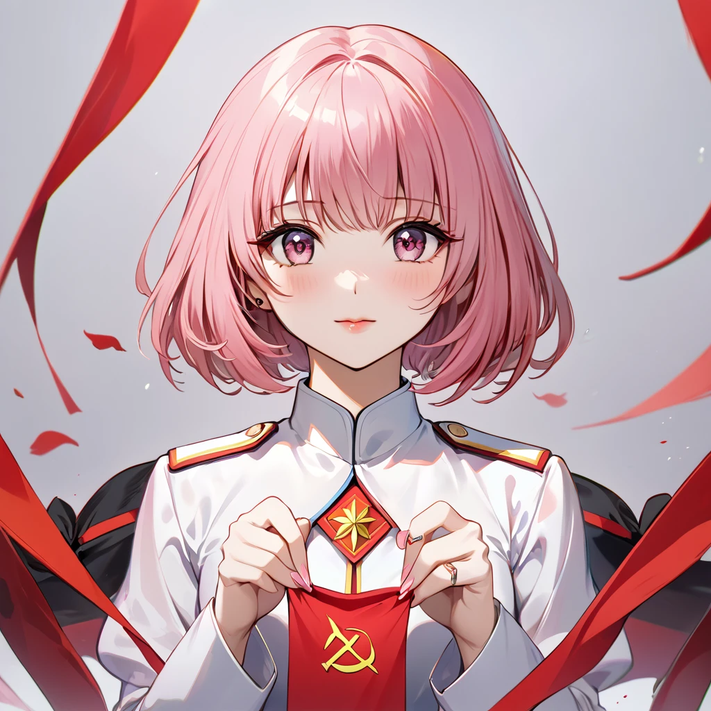 ((Highest quality)), ((masterpiece)), (detailed), (Perfect Face)、The woman is Chinese Momo Beria Deviluke, a Chinese woman with pink short bob hair and an engagement ring. She is a member of the glorious Chinese Communist Party and has sworn absolute loyalty to the Chinese Communist Party. She is a righteous Communist Party member of the ruling China and the wife of a great Communist Party official.、The woman is wearing the fine uniform of a Chinese Communist Party member.、For the sake of China, their hairstyles, clothes, and everything they wear are all Chinese Communist Party items, and their thoughts are also Chinese, becoming great Chinese in body and mind.、The woman became Momo Belia Deviluke, a Chinese woman who was proud of and loved China.、She is serving China as a member of the great Communist Party of China.、The woman is a beautiful, respectable and exemplary Communist Party member.