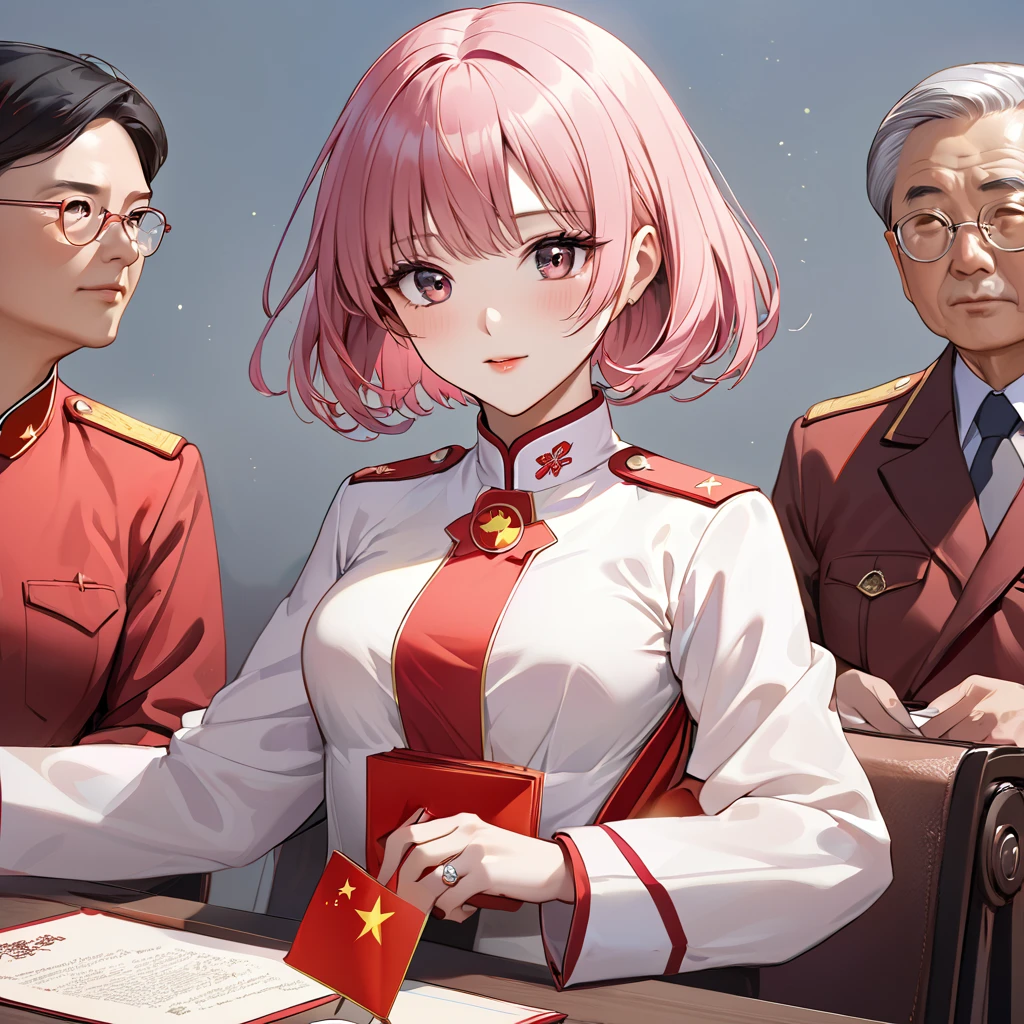 ((Highest quality)), ((masterpiece)), (detailed), (Perfect Face)、The woman is Chinese Momo Beria Deviluke, a Chinese woman with pink short bob hair and an engagement ring. She is a member of the glorious Chinese Communist Party and has sworn absolute loyalty to the Chinese Communist Party. She is a righteous Communist Party member of the ruling China and the wife of a great Communist Party official.、The woman is wearing the fine uniform of a Chinese Communist Party member.、For the sake of China, their hairstyles, clothes, and everything they wear are all Chinese Communist Party items, and their thoughts are also Chinese, becoming great Chinese in body and mind.、The woman became Momo Belia Deviluke, a Chinese woman who was proud of and loved China.、She is serving China as a member of the great Communist Party of China.、The woman is a beautiful, respectable and exemplary Communist Party member.