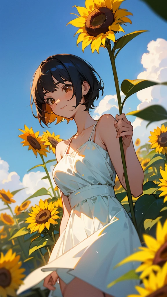 master piece, best quality, for below, cinematic angle, upper body , pigeon toed,
Anime-style Moe illustration, summer vacation theme, 20-year-old 4womans holding a bouquet of sunflowers, short hair,
Picnic Maxi Dress, slightly inner thighs, smile, accurate drawing, Active pose,