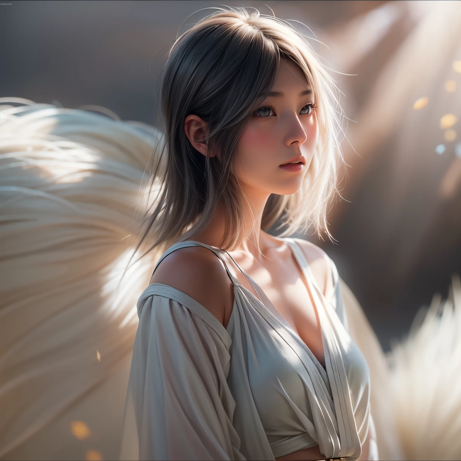 (((Misako Renbutsu)))Beautiful Young Female with (Silver Fox Tail), extremely delicate and beautiful,Outstanding light and shadow,Clear and bright sunlight, Professional portrait (Face Closeup from below), Semi-nude photography, ((backlighting, beltbra)), {(Tyndall effect)|lens flare|Shade|bloom|[chromatic aberration]} (Light particles), TopQuality Masterpiece of 8K Ultra-detailed DigitalPainting (by Jeremy Lipking)  