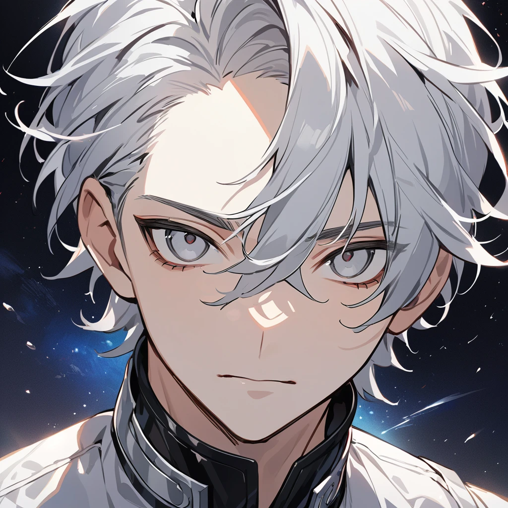 High quality, HD, 4k, no shadows, handsome male, 1male, 17 years old, teenager, short white hair, silver hair, white hair, sharp eyes, dark grey colored eyes, deep grey eyes, grey eyes, devil may cry, close up, calm expression, stoic expression, black leather clothes, white leather clothing, lean body, well trained body, upper body, looking at viewer, cowboy shot, white solar, space background