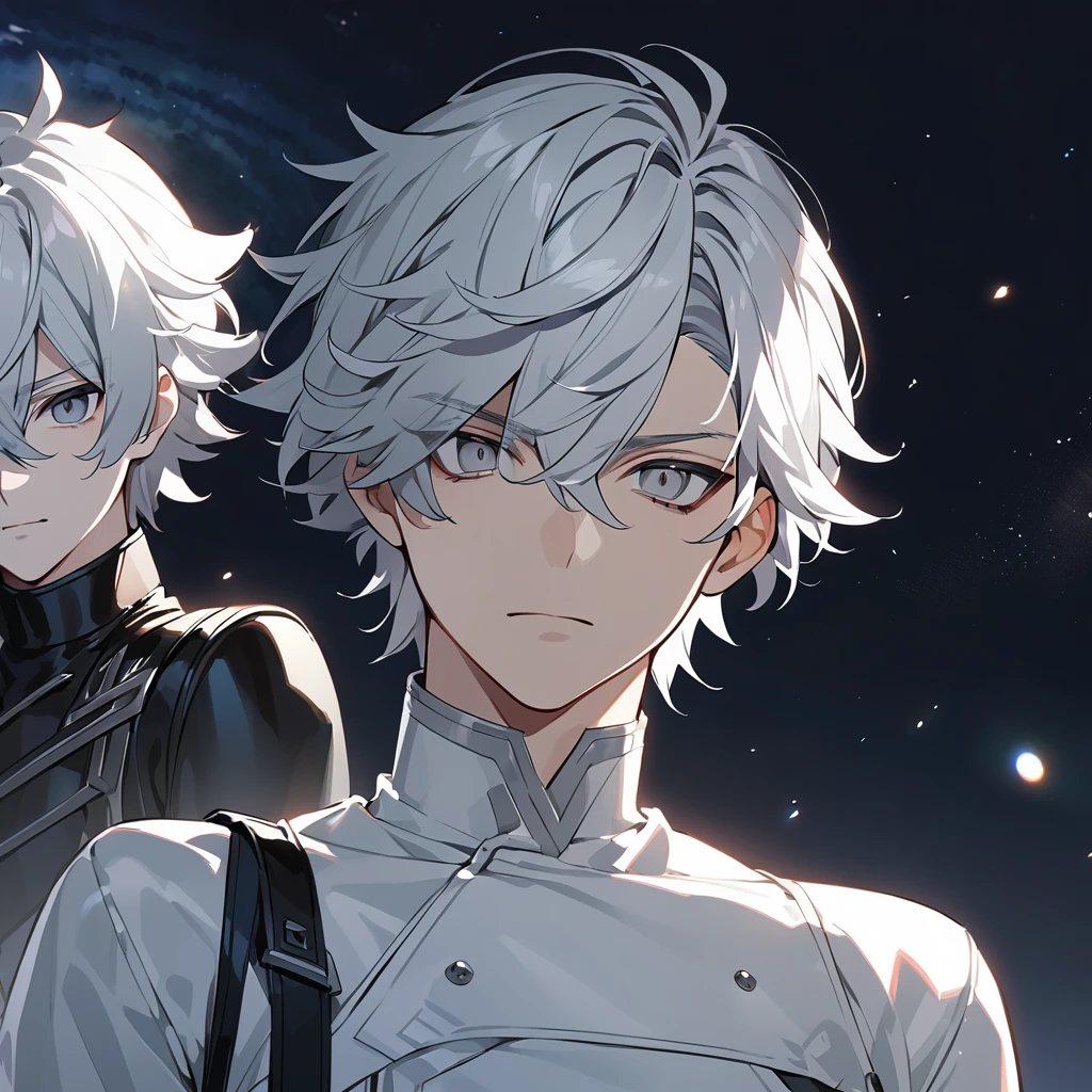 High quality, HD, 4k, no shadows, handsome male, 1male, 17 years old, teenager, short white hair, silver hair, white hair, sharp eyes, dark grey colored eyes, deep grey eyes, grey eyes, devil may cry, close up, calm expression, stoic expression, black leather clothes, white leather clothing, lean body, well trained body, upper body, looking at viewer, cowboy shot, white solar, space background