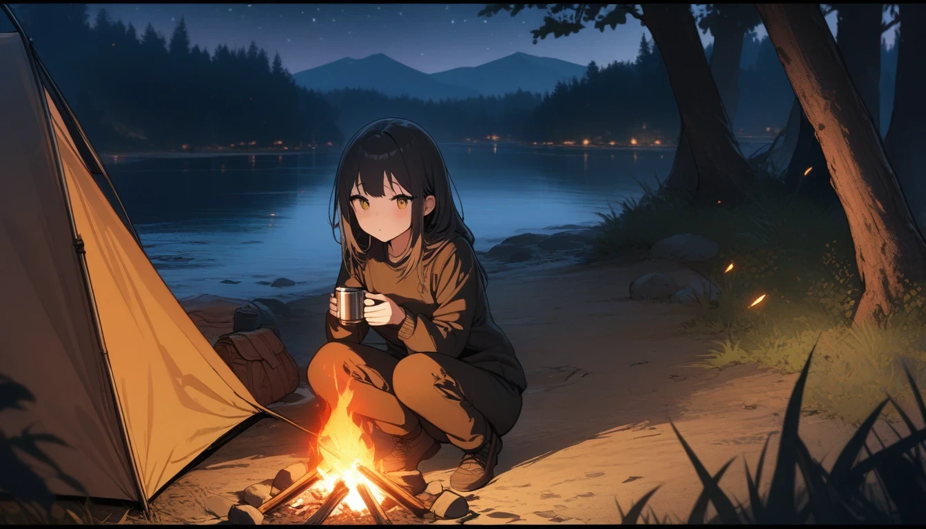 1 female, campfire, Flickering flames, Sparks fly, Lake Shore, Holding a stainless steel cup, darkness, Starry Sky, tent, Quiet evening atmosphere, And trees々. Visual representation of noise and crackling flames, A face drawn with great attention to detail, Beautiful Eyes, Women in Physics, ((masterpiece)), ((Highest quality)), (Very detailed), (Very detailed)), 4K, (8k), Highest quality,