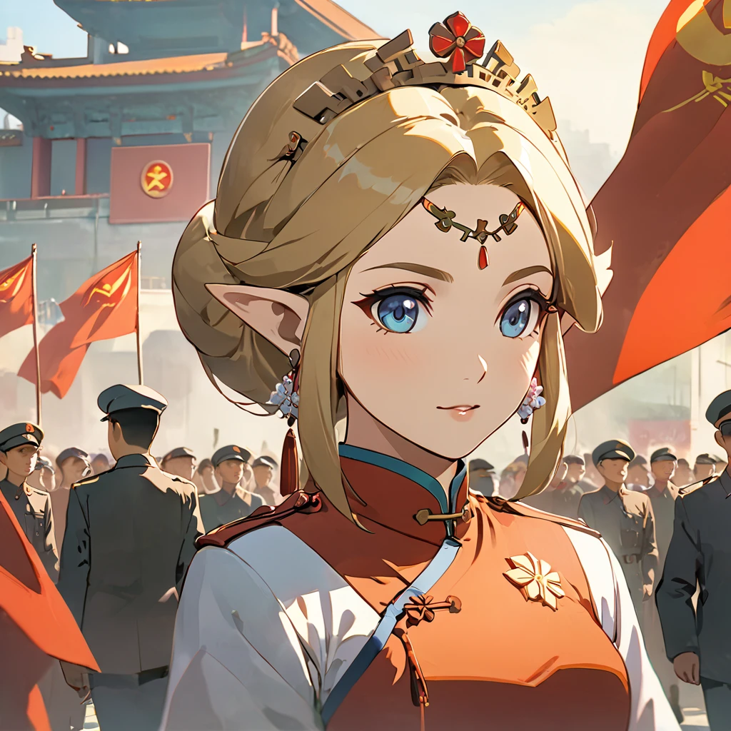 ((Highest quality)), ((masterpiece)), (detailed), （Perfect Face）、The woman is a Chinese Princess Zelda, a blonde Chinese woman with blue eyes, wearing an engagement ring. She has become a member of the glorious Chinese Communist Party and has sworn absolute loyalty to the Chinese Communist Party. She is a righteous Communist Party member of the ruling China and the wife of a great Communist Party official.、The woman is wearing the fine uniform of a Chinese Communist Party member.、For the sake of China, their hairstyles, clothes, and everything they wear are all Chinese Communist Party items, and their thoughts are also Chinese, becoming great Chinese in body and mind.、The woman became a Chinese Princess Zelda who was proud of and loved China.、She is serving China as a member of the great Communist Party of China.、The woman is a beautiful, respectable and exemplary Communist Party member.