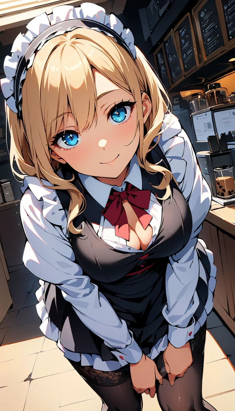 (high quality, 8k, 4K, High Contrast, masterpiece:1.2, 最high quality, Best aesthetics), , Maid, Very detailed, Seductive and erotic girl with lace headdress, smile, (Mid-chest, Silver fur), Focus on the face, Focus on the face, Complex eyes, tights, laced tights, coffee shop, Ground angle shot, Viewers looking up, feet in tights, Open-chested clothing