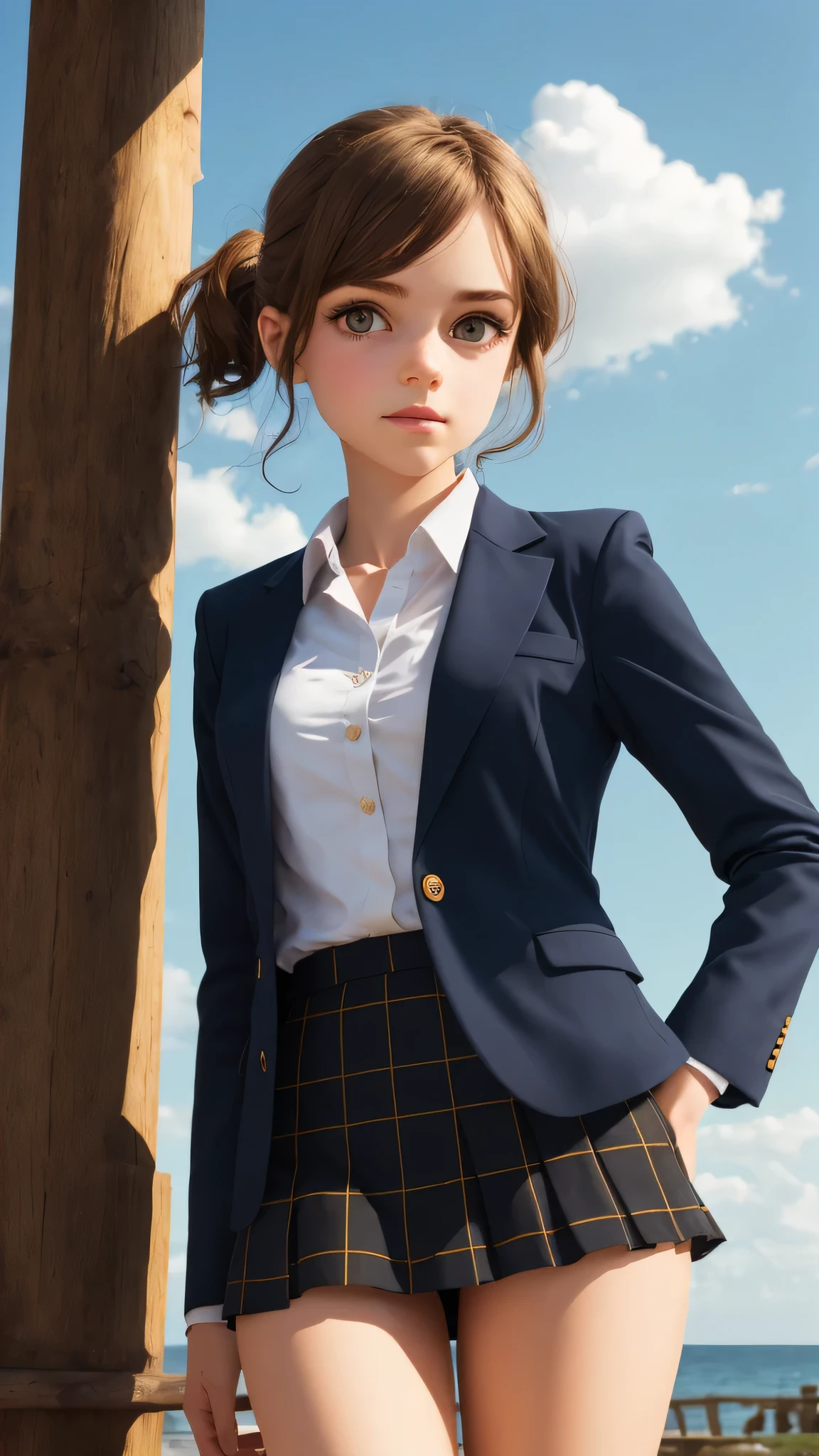 One Girl,(1人のとてもcute女の子:1.3),masterpiece,Highest quality,High resolution,From below,Low - Angle,Photorealistic,RAW Photos,Ray Tracing,Physically Based Rendering,beautiful girl,(:1.3),cute,Round face,Baby Face,Big eyes,(detailed pupils:1.2),(The face is facing straight ahead:1.3),Body facing forward,Beautiful nose,Upturned nose,Fuller lips,Short black hair,ponytail,short hair,Detailed eyelashes,Thin eyebrows,Very fine grain definition,(Symmetrical eyes,Golden Ratio:1.3),(Beautiful feet:1.0),Small breasts,Short neck,Navy Blue Blazer,Checkered pleated skirt,coastal,Blue sky,White cloud,White socks,Long legs with slender stretches,View Viewer,whole body,Cinema Lighting,High resolution,Very detailed