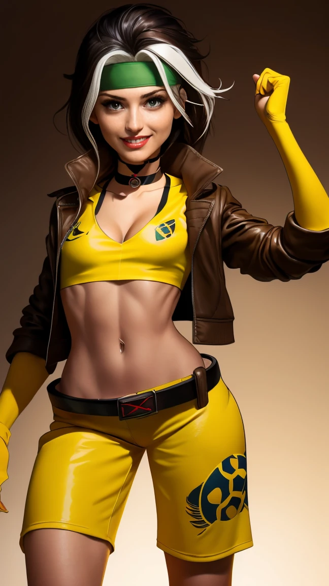 (muscular:1.3), (thick thighs:1.6),
(latina female, tan skin, brown skin, black hair:1.5), (big smile:1.5), (adult),
red lipstick, eyeshadow, red lips,
(hard nipples), (small breasts:2),
(soccer jersey, soccer shorts, choker, midriff, deep cleavage, barefoot:1.6), (cleavage:1.8),
looking at viewer, (three quarter view:1.3), cropped legs,
rim lighting, two tone lighting, dim lighting, bokeh, detailed skin, detailed eyes, multi colored hair, white hair, brown hair, Superhero, Rogue, Xtreme, blue eyes, jacket, open clothes, belt, open jacket, headband, leather jacket, green pants, yellow pants, yellow leather top, green leather top, crop top, navel