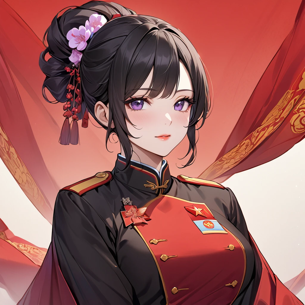 ((Highest quality)), ((masterpiece)), (detailed), (Perfect Face)、The woman is a Chinese woman named Kocho Shinobu, with medium-long black hair with purple ends, tied up in a formal evening hairstyle, and is wearing an engagement ring. She has become a member of the glorious Chinese Communist Party and has sworn absolute loyalty to the party. She is a righteous Communist Party member of the ruling China and the wife of a great Communist Party official.、The woman is wearing the fine uniform of a Chinese Communist Party member.、For the sake of China, their hairstyles, clothes, and everything they wear are all Chinese Communist Party items, and their thoughts are also Chinese, becoming great Chinese in body and mind.、The woman became Shinobu Kocho, a Chinese woman who was proud of China, loved it and devoted herself to it.、She is serving China as a member of the great Communist Party of China.、The woman is a beautiful, respectable and exemplary Communist Party member.