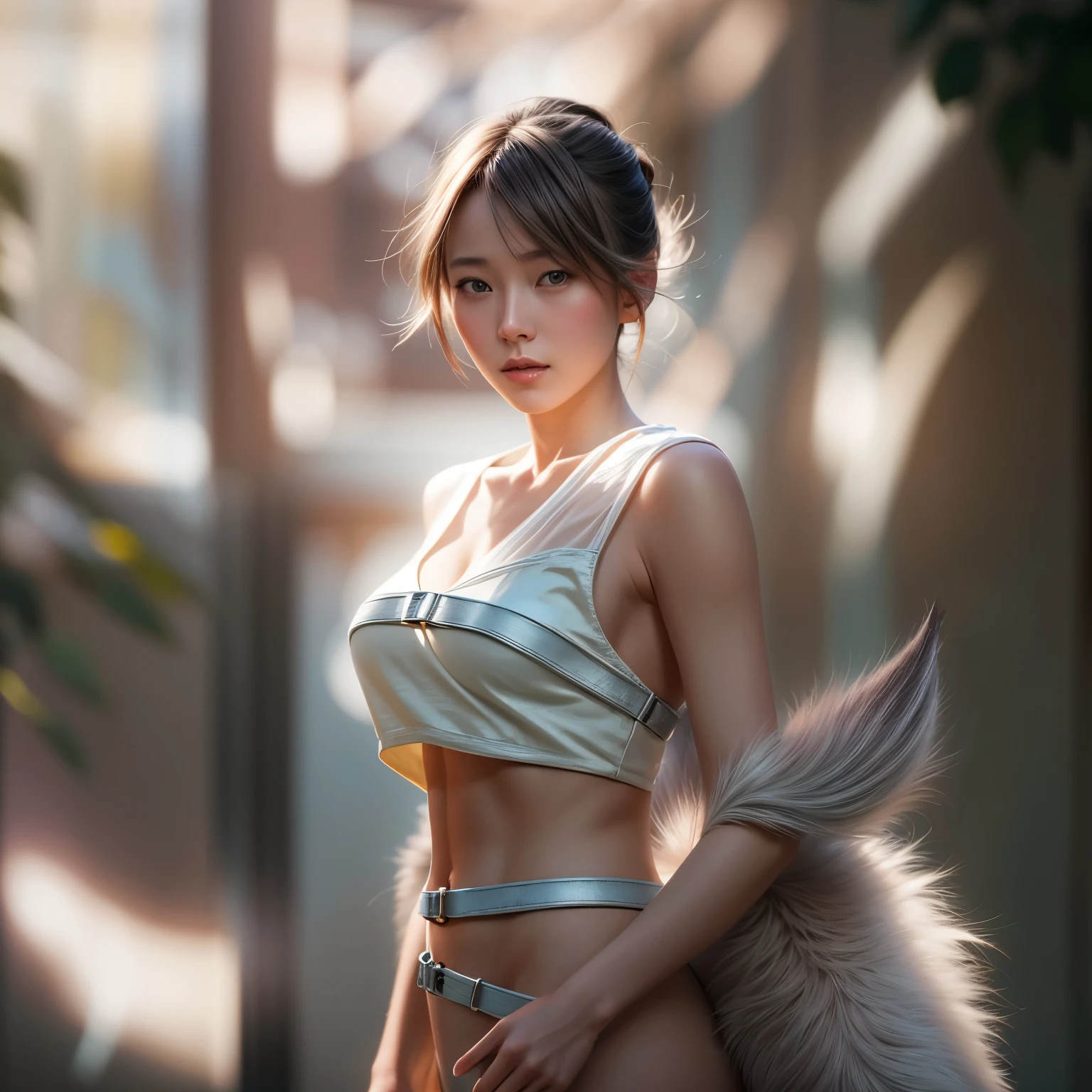 (((Misako Renbutsu)))Beautiful Young Female with (Silver Fox Tail), extremely delicate and beautiful,Outstanding light and shadow,Clear and bright sunlight, Professional portrait (Face Closeup from below), Semi-nude photography, ((backlighting, beltbra)), {(Tyndall effect)|lens flare|Shade|bloom|[chromatic aberration]} (Light particles), TopQuality Masterpiece of 8K Ultra-detailed DigitalPainting (by Jeremy Lipking)  