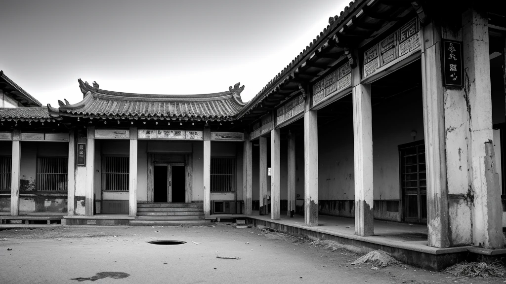 Monochrome、Use an abandoned Chinese-style building as background material