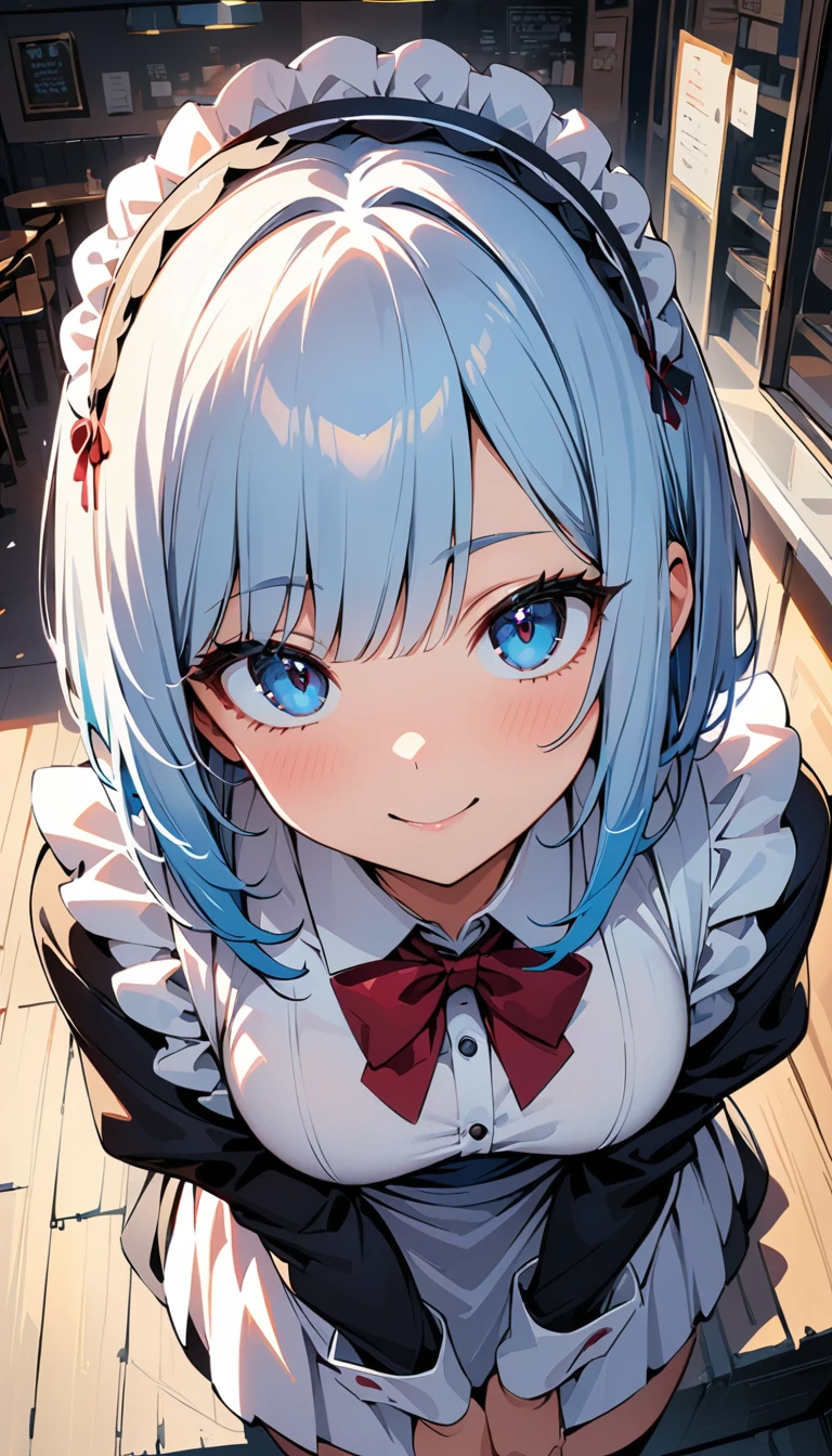 (high quality, 8k, 4K, High Contrast, masterpiece:1.2, 最high quality, Best aesthetics), beauty, Maid, Very detailed, Seductive and erotic girl with lace headdress, smile, (Light blue hair, Bobcut), Focus on the face, Focus on the face, Complex eyes, Black knee-high socks, coffee shop, Low angle shot, Viewers looking up,