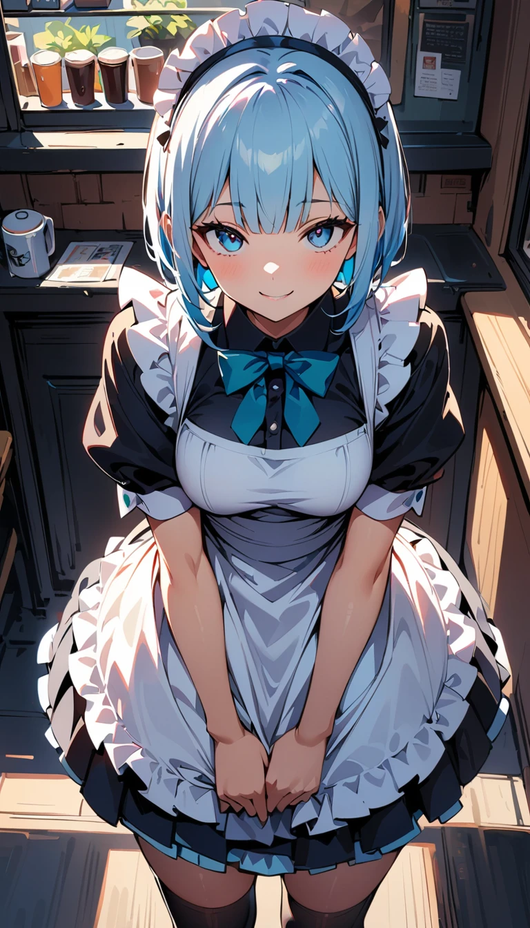 (high quality, 8k, 4K, High Contrast, masterpiece:1.2, 最high quality, Best aesthetics), beauty, Maid, Very detailed, Seductive and erotic girl with lace headdress, smile, (Light blue hair, Bobcut), Focus on the face, Focus on the face, Complex eyes, Black knee-high socks, coffee shop, Low angle shot, Viewers looking up,