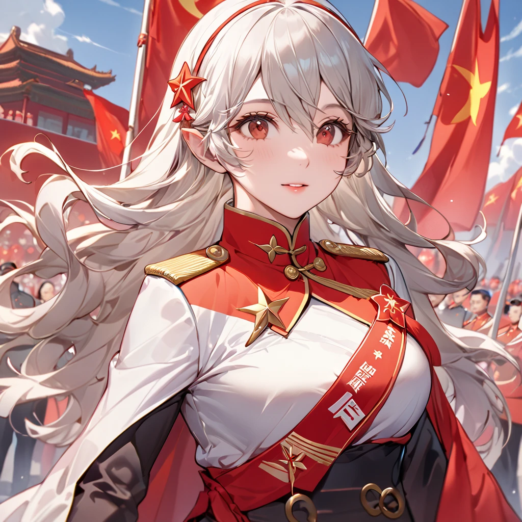 ((Highest quality)), ((masterpiece)), (detailed), （Perfect Face）、The woman is a Chinese Kaim with medium-long silver hair and an engagement ring. She is a member of the glorious Chinese Communist Party and has sworn absolute loyalty to the Communist Party of China. She is a righteous Communist Party member and the wife of a great Communist Party official.、The woman is wearing the fine uniform of a Chinese Communist Party member.、For the sake of China, their hairstyles, clothes, and everything they wear are all Chinese Communist Party items, and their thoughts are also Chinese, becoming great Chinese in body and mind.、The woman became a Chinese Kaim who was proud of China and loved it devotedly.、She is serving China as a member of the great Communist Party of China.、The woman is a beautiful, respectable and exemplary Communist Party member.