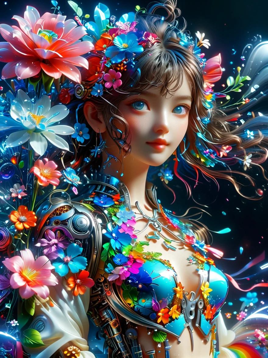 (3D,mechanical感,cute,ais-scrapyrd 1girl,mechanical),(使用广角镜头拍摄whole body图像:1.9),(masterpiece:1.1),(Highest quality:1.1),(HDR:1.0),Ambient Light,Ultra high quality,(Ultra-detailed original illustrations),(1 Girl,whole body),(Rainbow Skirt),(Slender thighs),(Shoes made of flowers: 1.5),((Harajuku Fashion)),((Flowers with human eyes,Eye disease)),Double Exposure,Fusion of Fluid Abstract Art,Fault,(Original illustration composition),(Limited color blending,Extreme art style,Geometric artstyle), , Colorful neon lights,高科技mechanical部件,Metal body,Detailed Vibranium Flower Design,Vibrant colors,Dynamic glowing flowers,Reflective metal surface,Bright environment,Dynamic poses,Exquisite existence,Skills Improvement,互锁mechanical齿轮,Stylish design,motion blur effect,Detailed metal treatment,Sci-fi atmosphere,Streamlined aerodynamic shape,Laser scanning pattern,Holographic projection,LED light track,Beautiful and unforgettable,Advanced sensors,Complex algorithms,Ominous and mysterious atmosphere,Electric Spark,Shiny chrome,Propulsion systems of the future,(Best quality,8k,high resolution,masterpiece:1.2),Super detailed,(whole body:1.8), magazine photography,一个cute的女孩形象,Popular on social platforms,((Dopamineism)),(((Dopamine color matching))),Dopamine,(in the style of Y2K),Luo Erchun,3D古风,Oriental poetry and painting