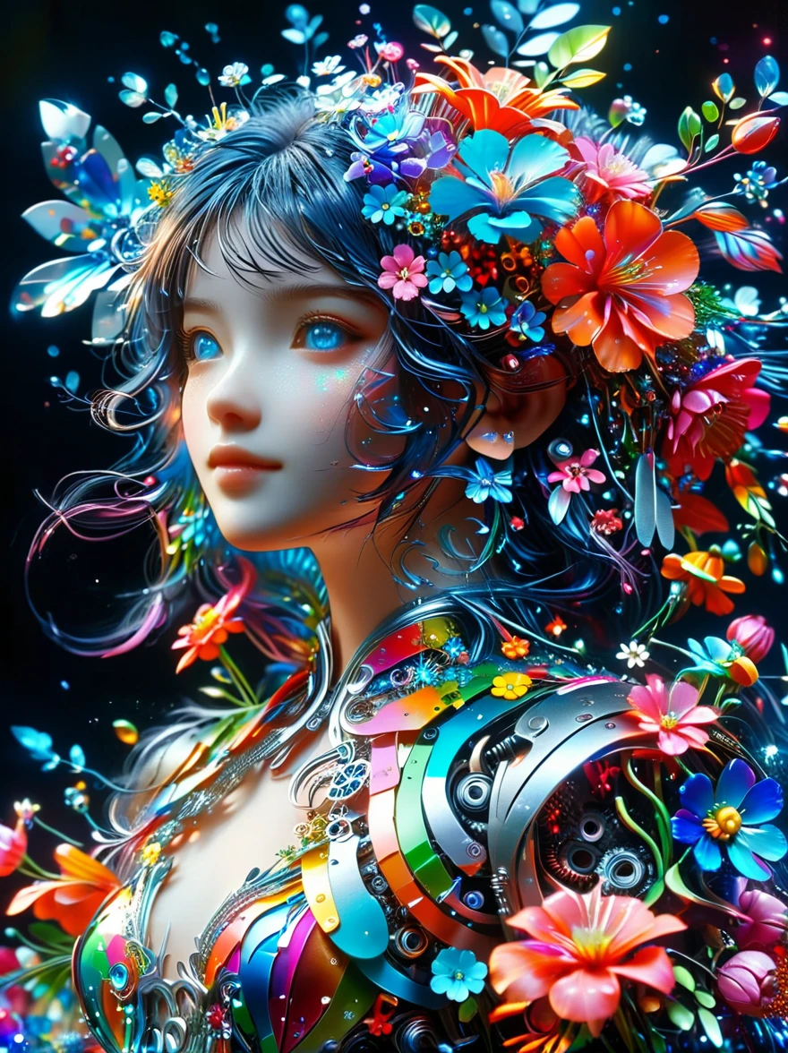 (3D,mechanical感,cute,ais-scrapyrd 1girl,mechanical),(使用广角镜头拍摄whole body图像:1.9),(masterpiece:1.1),(Highest quality:1.1),(HDR:1.0),Ambient Light,Ultra high quality,(Ultra-detailed original illustrations),(1 Girl,whole body),(Rainbow Skirt),(Slender thighs),(Shoes made of flowers: 1.5),((Harajuku Fashion)),((Flowers with human eyes,Eye disease)),Double Exposure,Fusion of Fluid Abstract Art,Fault,(Original illustration composition),(Limited color blending,Extreme art style,Geometric artstyle), , Colorful neon lights,高科技mechanical部件,Metal body,Detailed Vibranium Flower Design,Vibrant colors,Dynamic glowing flowers,Reflective metal surface,Bright environment,Dynamic poses,Exquisite existence,Skills Improvement,互锁mechanical齿轮,Stylish design,motion blur effect,Detailed metal treatment,Sci-fi atmosphere,Streamlined aerodynamic shape,Laser scanning pattern,Holographic projection,LED light track,Beautiful and unforgettable,Advanced sensors,Complex algorithms,Ominous and mysterious atmosphere,Electric Spark,Shiny chrome,Propulsion systems of the future,(Best quality,8k,high resolution,masterpiece:1.2),Super detailed,(whole body:1.8), magazine photography,一个cute的女孩形象,Popular on social platforms,((Dopamineism)),(((Dopamine color matching))),Dopamine,(in the style of Y2K),Luo Erchun,3D古风,Oriental poetry and painting