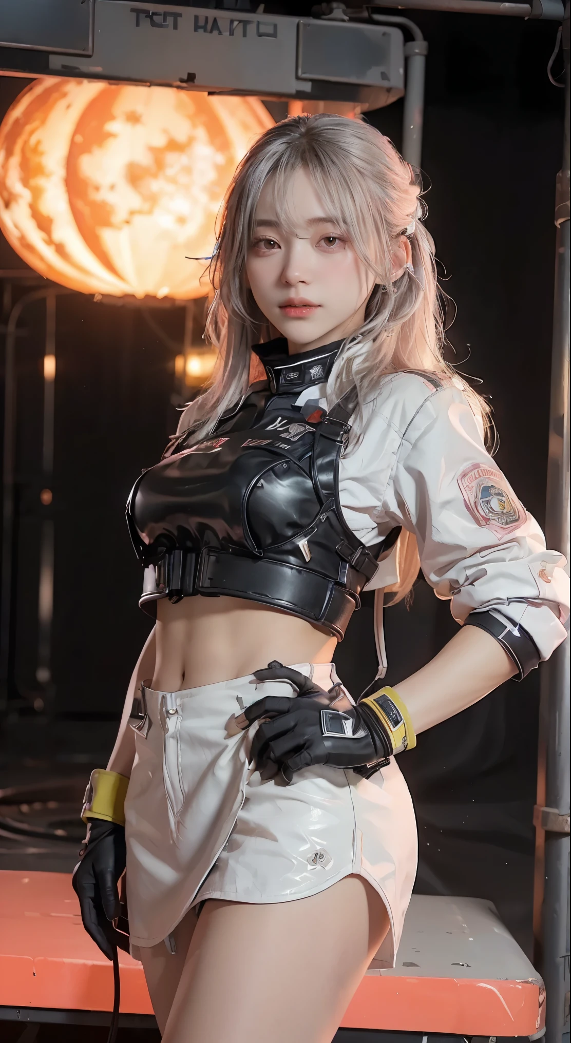 (Top Quality, Ultra High Definition, Photorealistic:1.4), (cowboy shot:1), 1 Beautiful Armed Girl, (Kpop Idol), Detailed Face, (Hair Style: long hair blonde:1, fullbang, shortbob-style:1), Contrapposto, Perfect Anatomy, ((wearing Futuristic Police Racing Suits, low-mini-skirt, police wappen, High-tech Headset, military harness, racing gloves, )), (Cloths colors based on silver pink black white), (background, crashed cars, fire, (Explosion)),