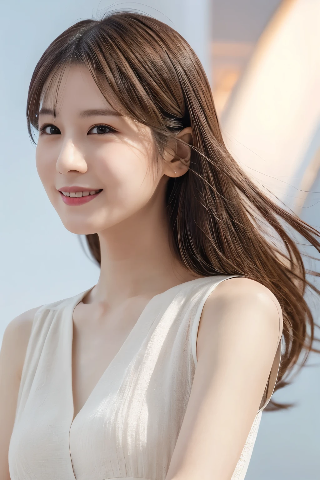 One Girl, (Elegant summer outfits:1.2), (Beautiful Japanese idol portrait photos),
(Simple background in light colors:1.3),
(RAW Photos, Highest quality), (Realistic, photo-Realistic:1.4), masterpiece, 8K Portrait,
Very delicate and beautiful, Very detailed, 2k wallpaper, wonderful, In detail, Very detailed CG unity 8k wallpaper, 
Very detailed, High resolution, 
Soft Light, Beautiful detailed girl, Very detailed eyes and face, Beautiful and sophisticated nose, Beautiful attention to detail,
Cinema Lighting, Perfect Anatomy, 
Slender body, Small breasts, Medium Hair, Bokeh, Dynamic Angle, (Elegant and sophisticated atmosphere), smile