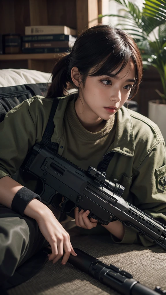 Photorealistic、Realistic skin texture、Automatic rifle、scratch