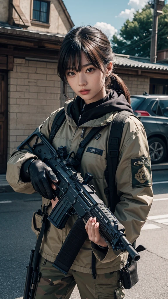 Photorealistic、Realistic skin texture、Automatic rifle、scratch