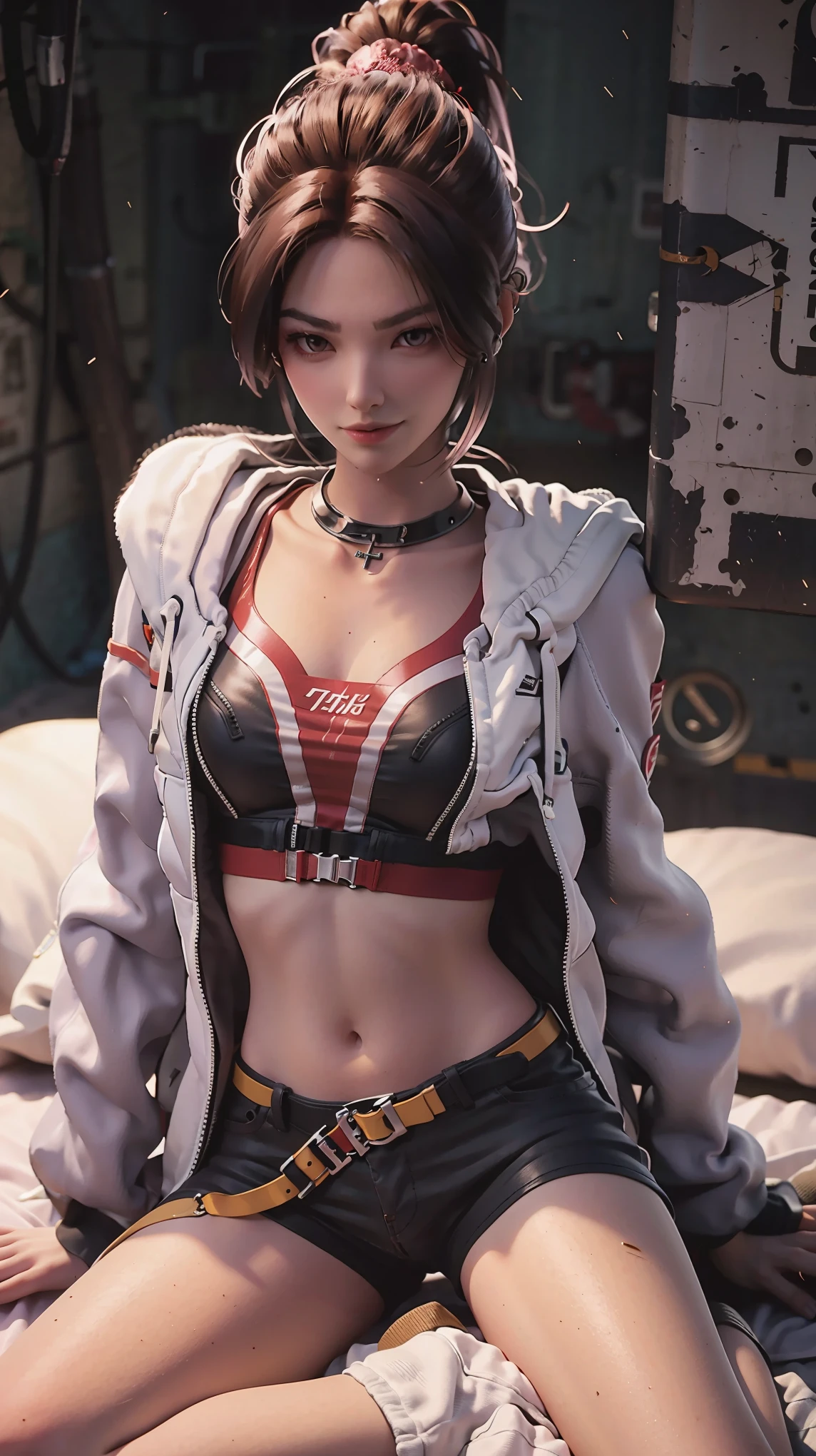 A girl lying on a bed under the starry sky,Exquisite smile,Beautiful and delicate eyes,Beautiful and delicate lips,Extremely detailed face and eyes,Long eyelashes,Full body,belly button,best quality,excellent work,((Full body view)),Cross-legged