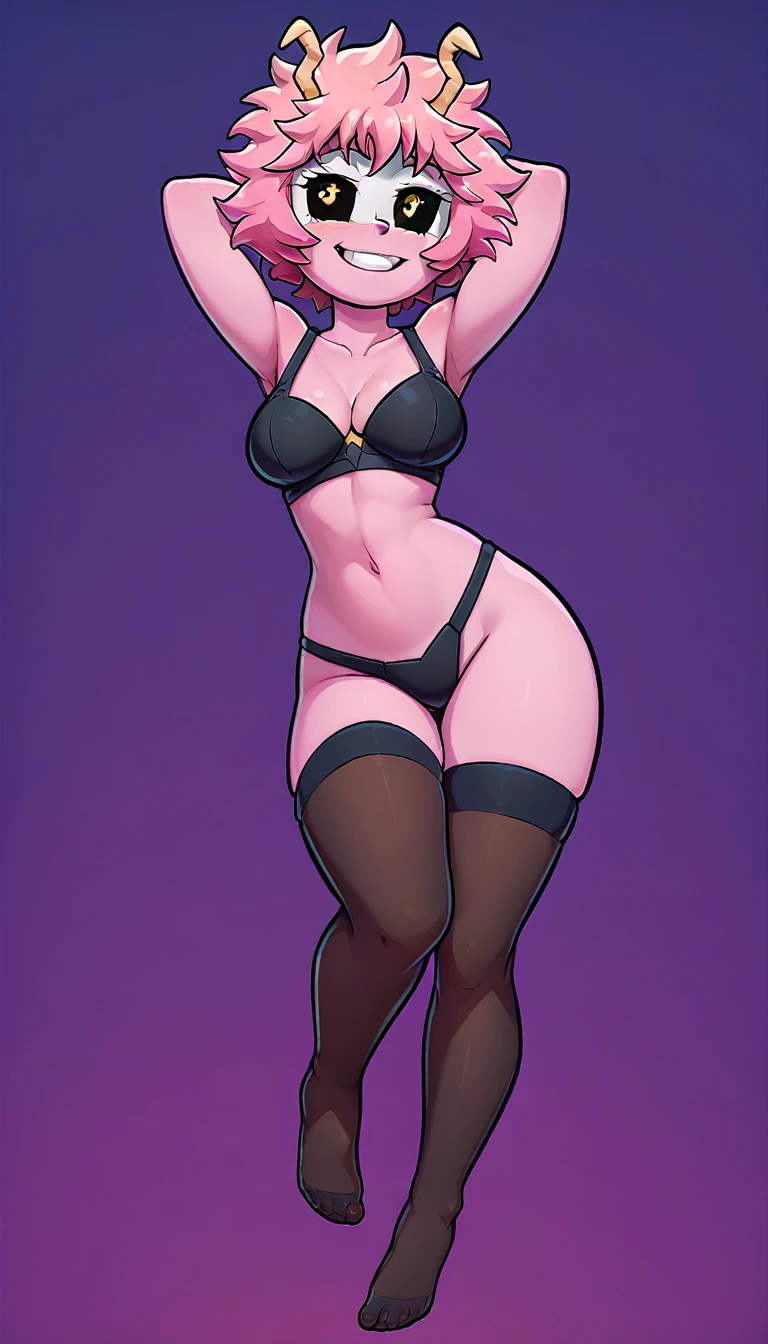 Gogo Tomago, attractive body, big breasts, waist and, huge butt, dripping vagina, imperfect smile, drooling, hearts in eyes, black micro bikini, latex gloves, long latex gloves, latex thigh high leggings, dancing on the pole, stripped, trembling, dripping vagina, seeking out, standing, view from below. violet background 