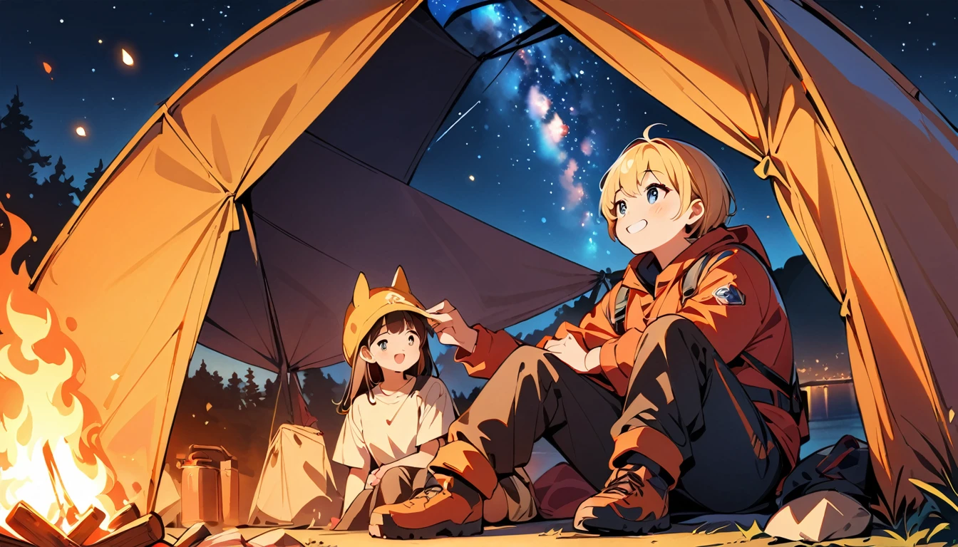 (high quality, 8k, 4K, High Contrast, masterpiece:1.2, 最high quality, Best aesthetics), campfire, night lakeside, Tents and camping equipment, Firefighter, A person stuffing their cheeks with food, Man standing next to a tent, smile, Look up at the starry sky, Fun time, Wide々And, Soft bonfire light, Best memories,
