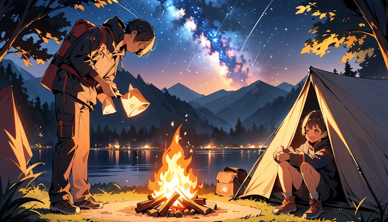 (high quality, 8k, 4K, High Contrast, masterpiece:1.2, 最high quality, Best aesthetics), campfire, night lakeside, Tents and camping equipment, Firefighter, A person stuffing their cheeks with food, Man standing next to a tent, smile, Look up at the starry sky, Fun time, Wide々And, Soft bonfire light, Best memories,