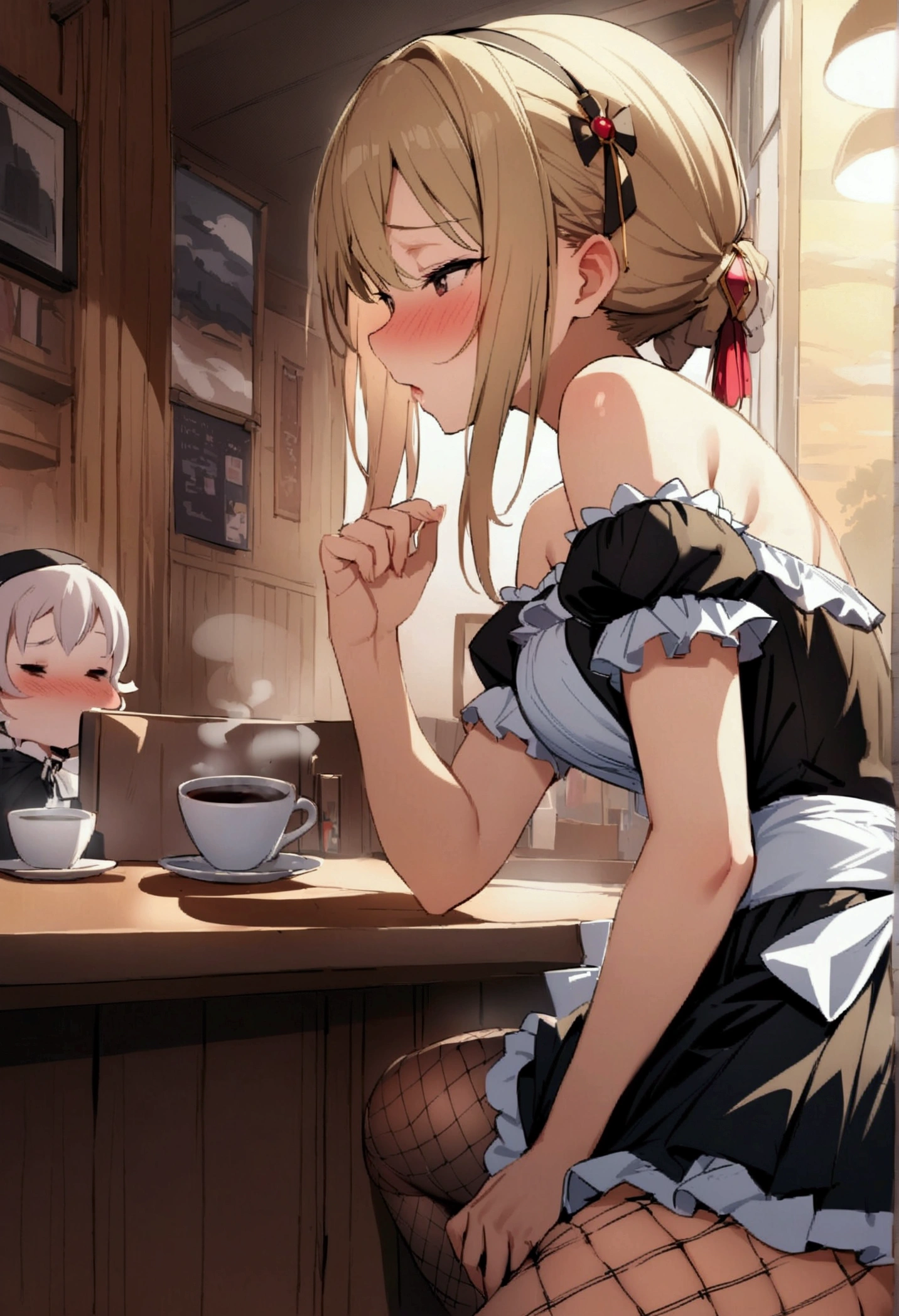 Browsing Caution,masterpiece,Highest quality,High resolution,Very detailed,Otherwise\(Sword Art Online\),(Maid clothes),Off the shoulder,Cut out,Micro Mini Skirt,Head ornament,Fishnet tights, hair ornaments, Hair Clip,Embarrassing,Expectant face,Estrus,sexual excitement,blush,coffee shop,Old-fashioned room