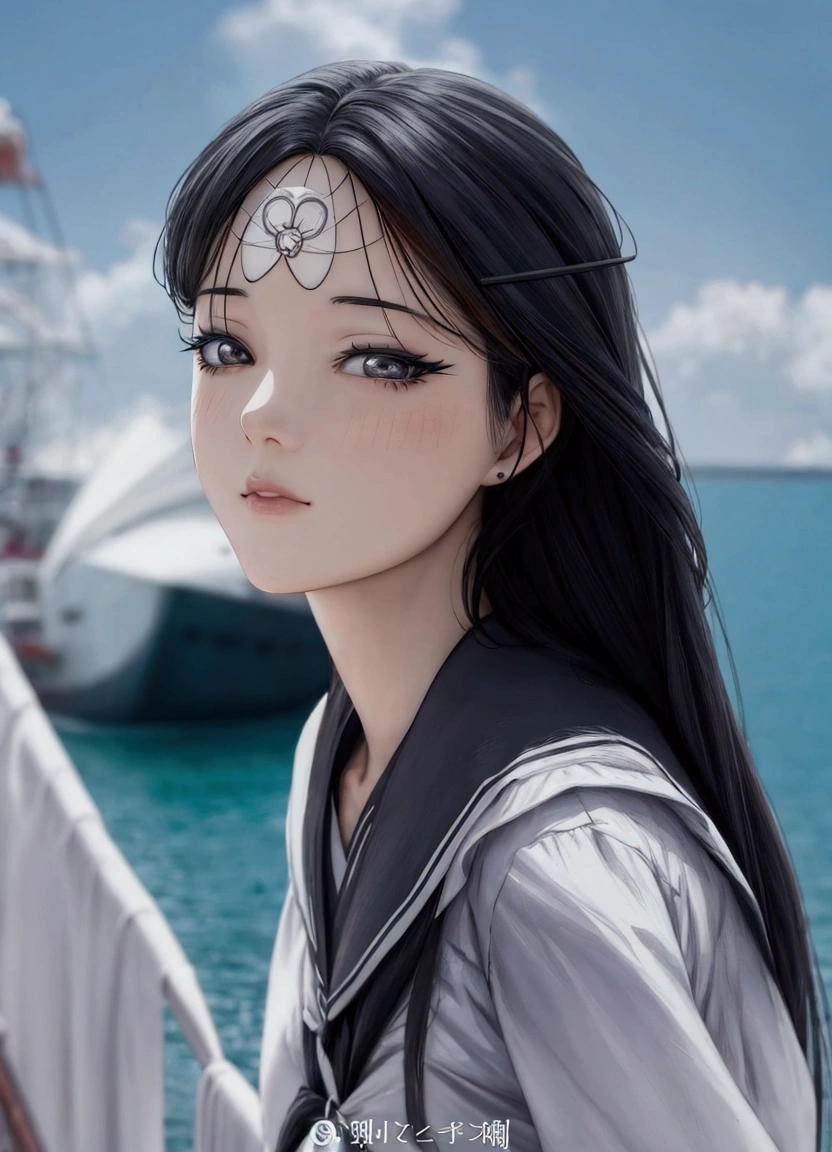 black and white, manga style, a woman with long black hair standing on a boat looking at the camera, beautiful anime portrait, anime realism style, artwork in the style of guweiz, realistic anime artstyle, detailed portrait of anime girl, kawaii realistic portrait, realistic anime 3 d style, portrait anime girl, stunning anime face portrait, anime style portrait, smooth anime cg art