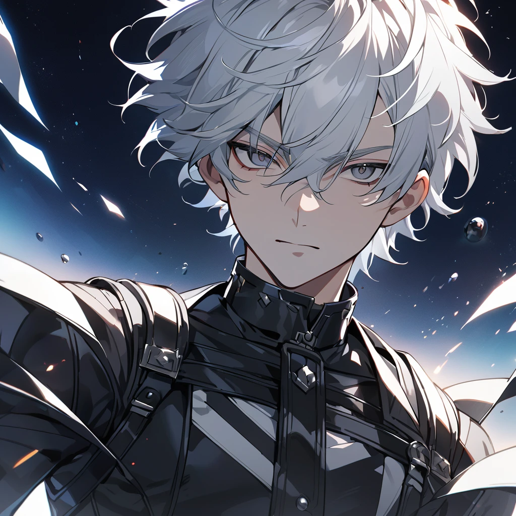 High quality, HD, 4k, no shadows, handsome male, 1male, 17 years old, teenager, short white hair, silver hair, white hair, sharp eyes, dark grey colored eyes, deep grey eyes, grey eyes, devil may cry, close up, calm expression, stoic expression, black leather clothes, white leather clothing, lean body, well trained body, upper body, looking at viewer, cowboy shot, white solar, space background